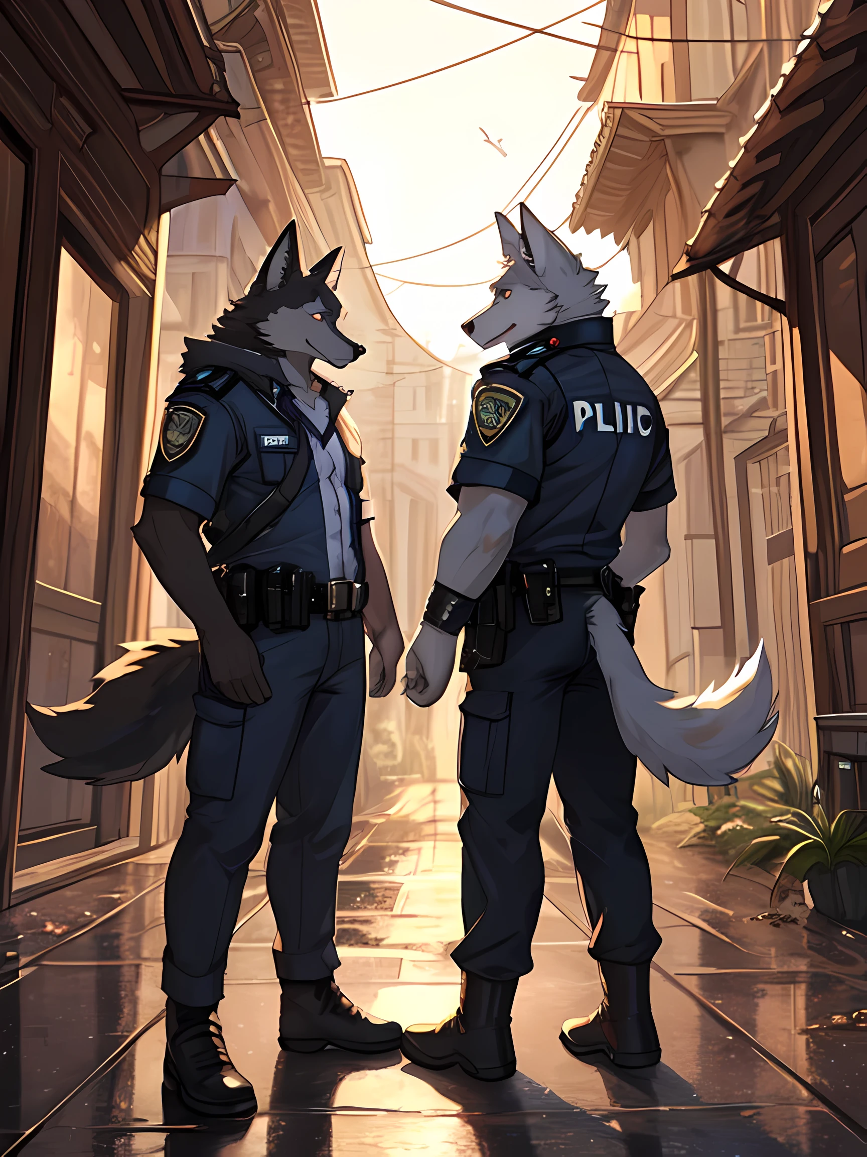 Furry,two wolves,Male,Standing looking at each other in the pouring rain,Detailed, realistic colored eyes,One wolf had completely black fur and the other had white fur.,Wear a police uniform,Behind is the road.,The sun is set.,8k,hdr
