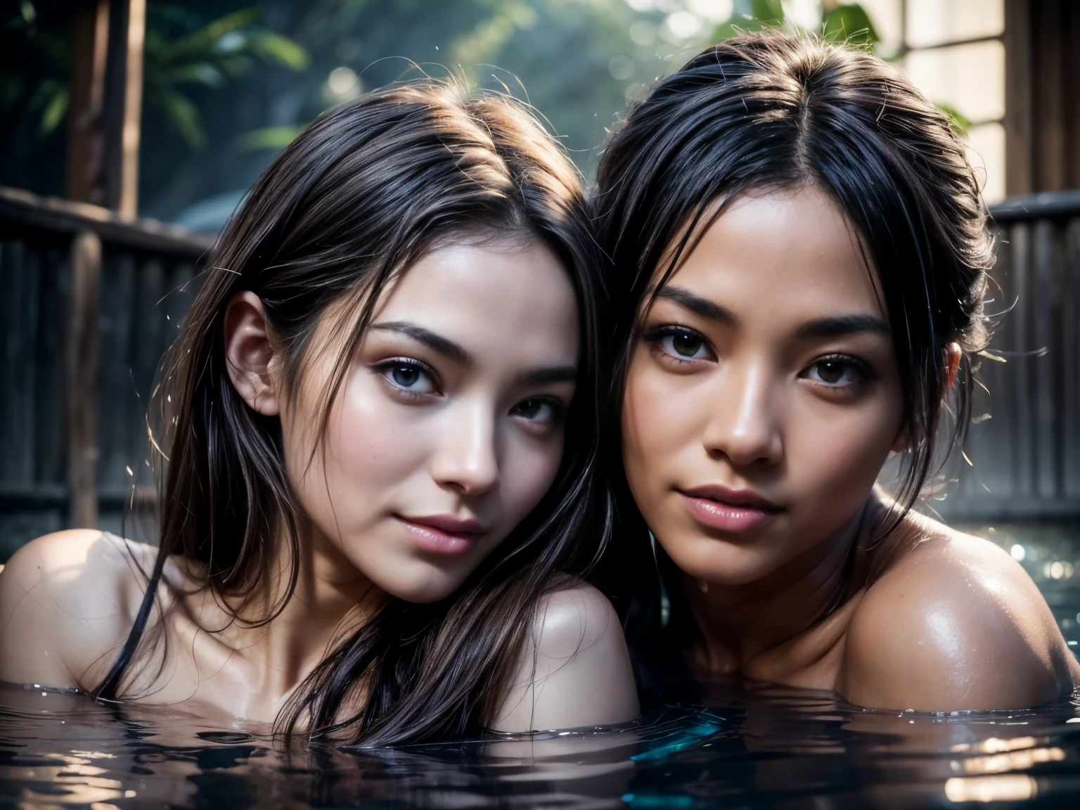 Best Quality, Masterpiece, super high resolution, A super model submerged in hot springs in Japan., outdoor hot springs, stone hot springs, surrounded by moss and trees, super beautiful face, pure body, clear pores visible, (SMILE:0.8), using division (lace headband:1.2), (realism:1.5), Photo original, soaked body, covered in sweat, bare shoulders, in the dark, deep shadows, low key, cold light