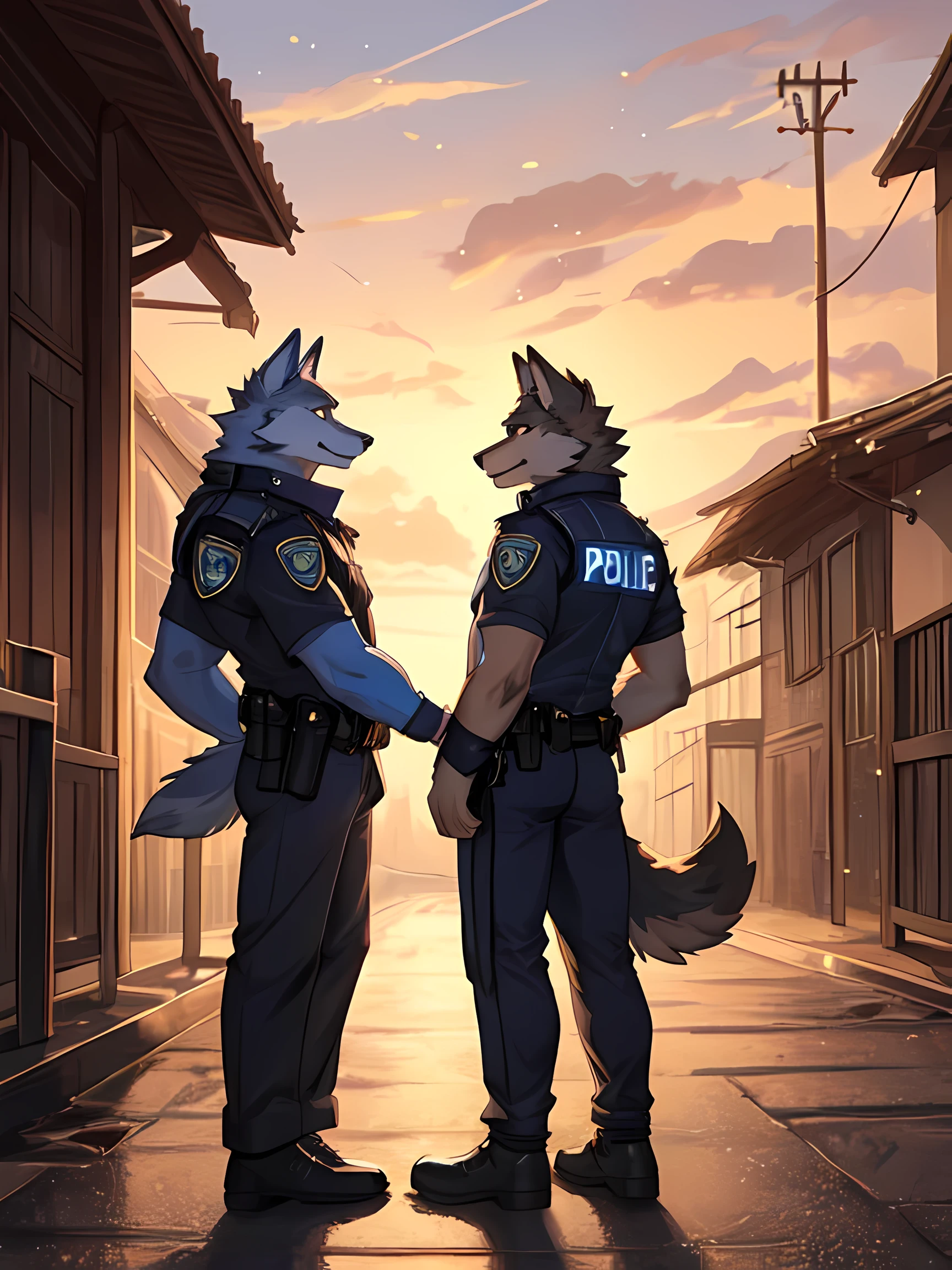 Furry,two wolves,Male,Standing looking at each other in the pouring rain,Detailed, realistic colored eyes,One wolf had completely black fur and the other had white fur.,Wear a police uniform,Behind is the road.,The sun is set.,8k,hdr