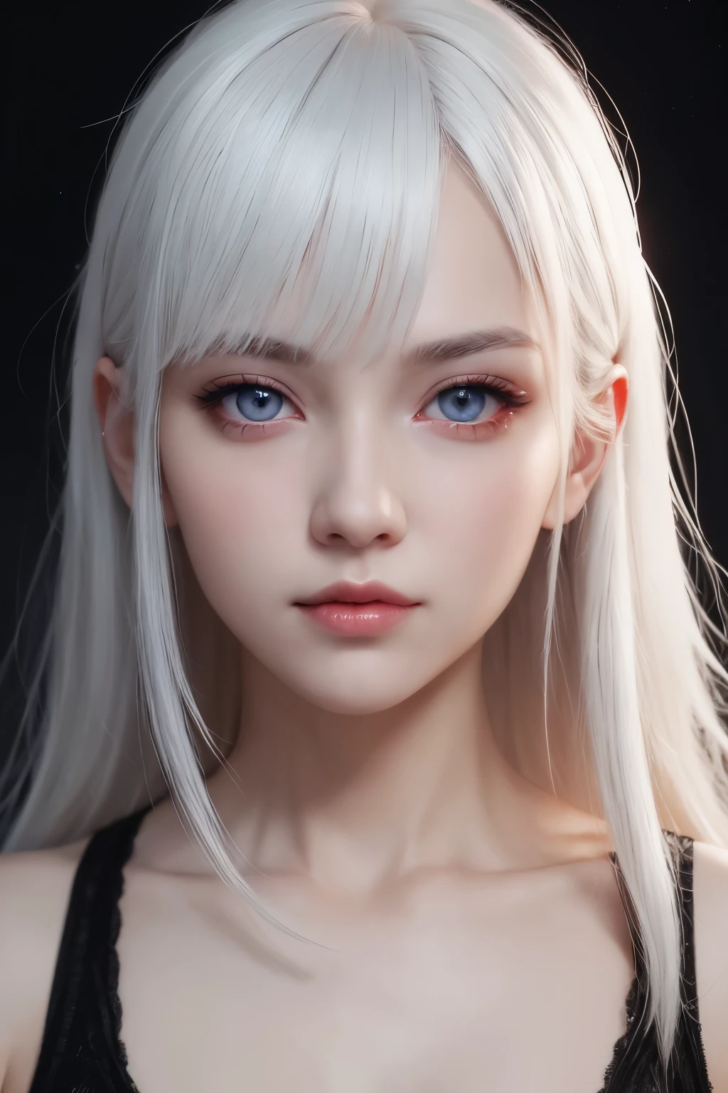 1 girl, starry eyes, blush, perfect lighting, white hair, red eyes, Unreal Engine, side light, Detailed face, Bangs, bright skin, simple background, dark background,