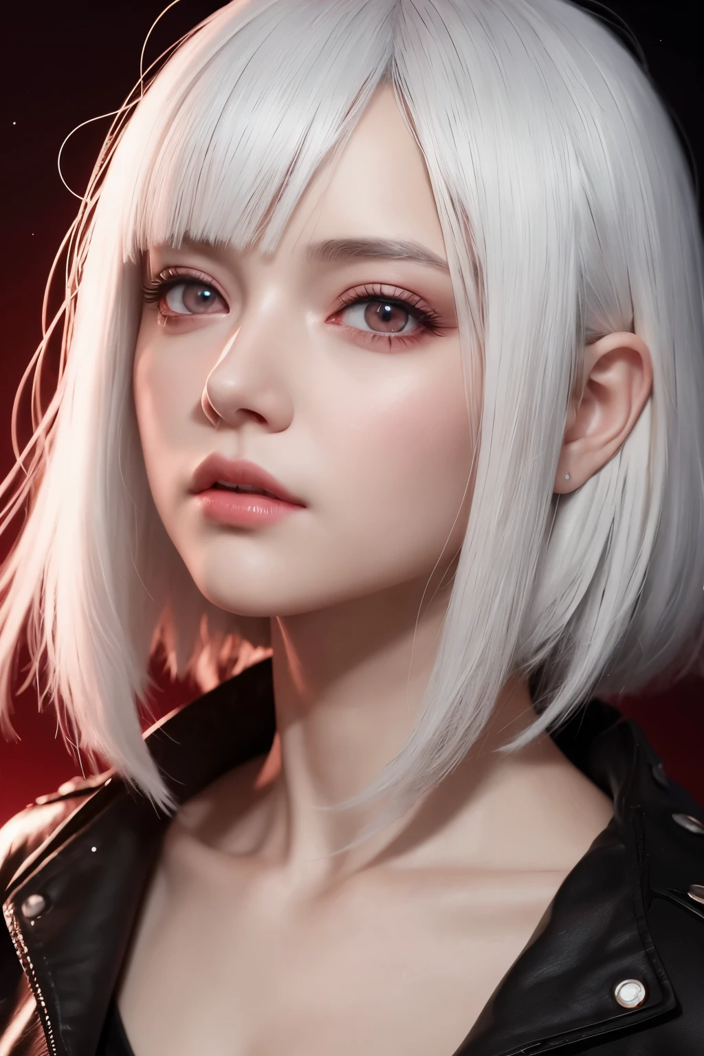 1 girl, starry eyes, blush, perfect lighting, white hair, red eyes, Unreal Engine, side light, Detailed face, Bangs, bright skin, simple background, dark background,