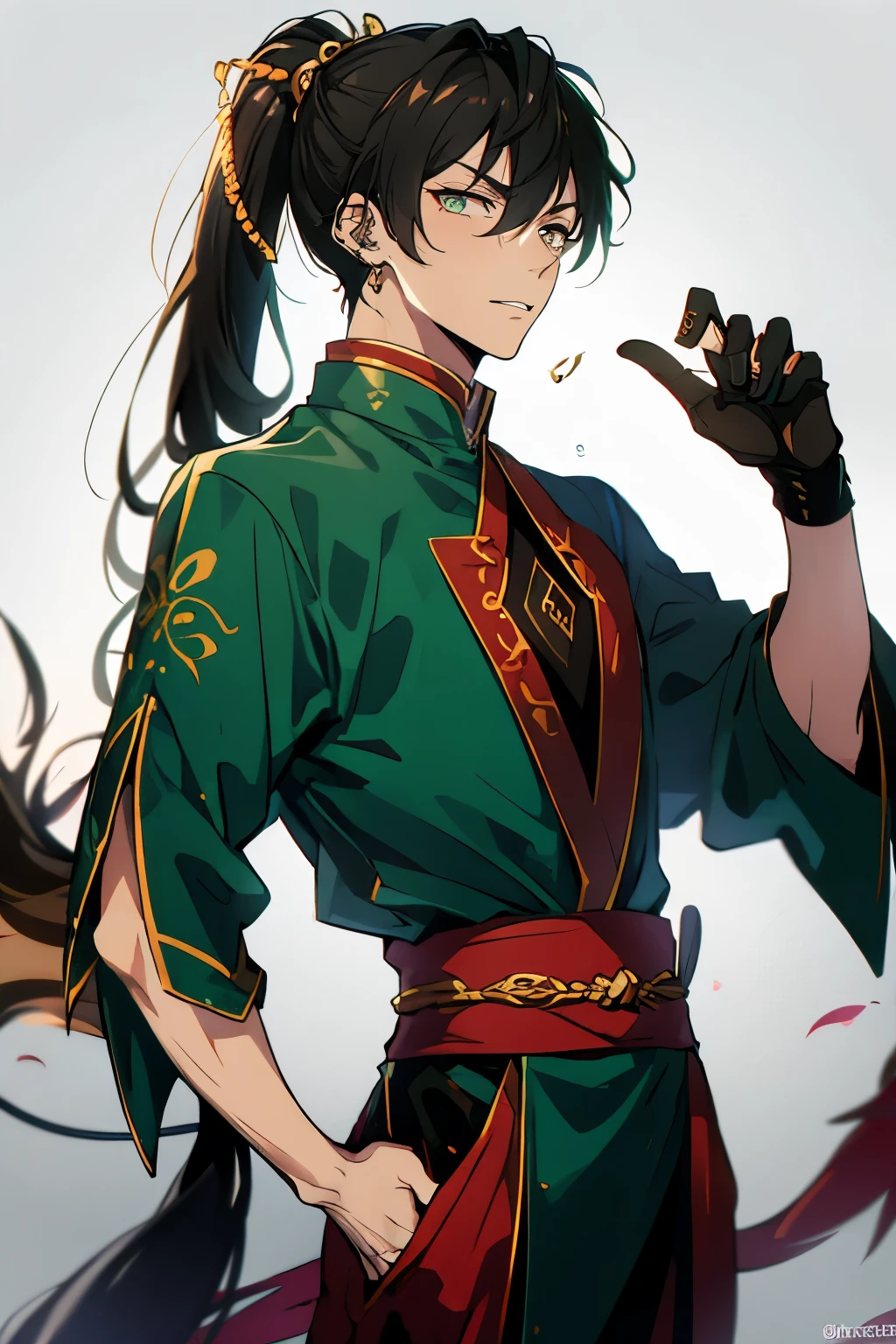 One male character, based on chinese dragons, tall, handsome, black clothes with golden details in clothing, jade jewlery, long beautiful black hair, light green eyes, sharp eyes, ikemen, bishonen, soft colors, pretty boy, red traditional eyeliner, dragon boy, a single character, dragon tail, chinese inspired, long ponytail, serious, gorgeous man, green details