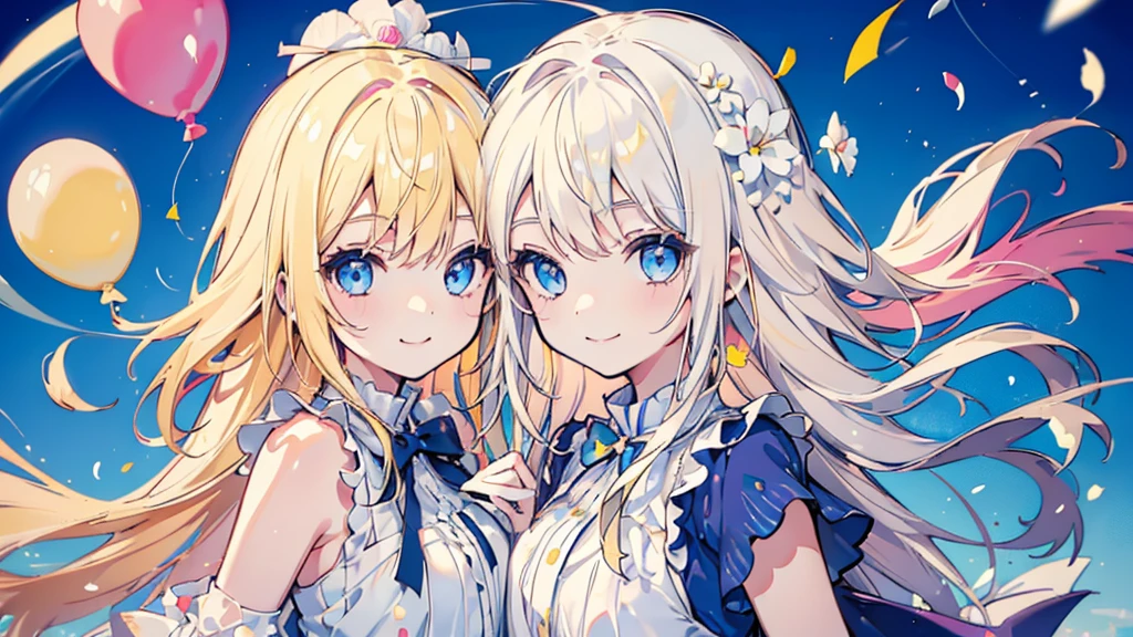 (((portrait))), (2 girls, blonde hair, blue eyes, white ????????, arm behind back, smile, kawaii), (fluttering petals, colorful balloons, celebration, congratulation)