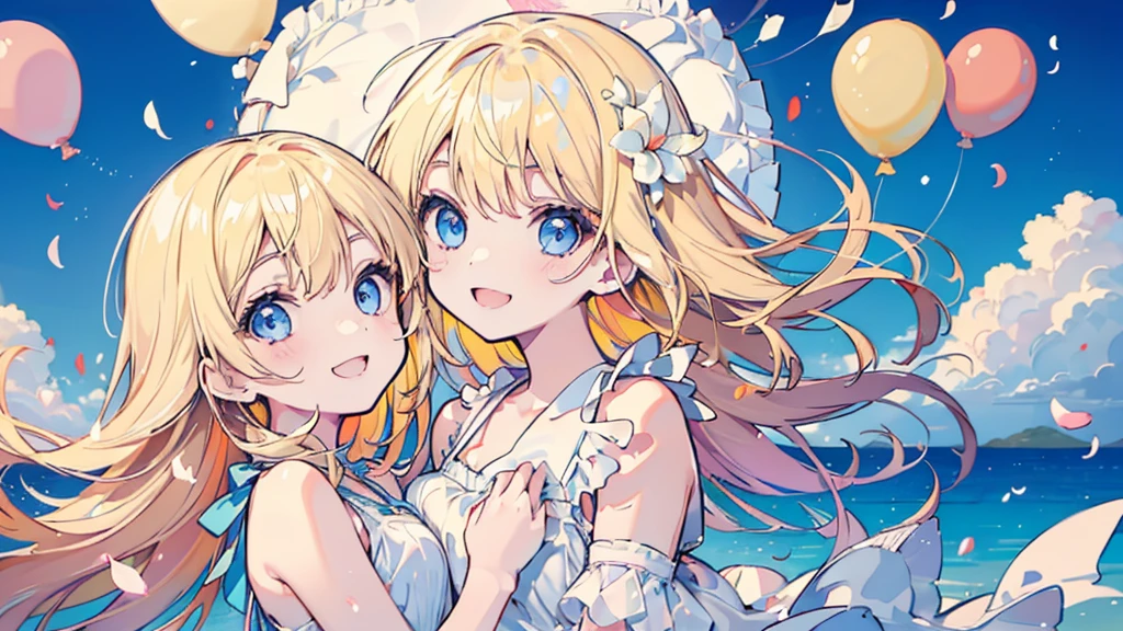 (((portrait))), (2 girls, blonde hair, blue eyes, white sundress, arm behind back, smile, kawaii), (fluttering petals, colorful balloons, celebration, congratulation)