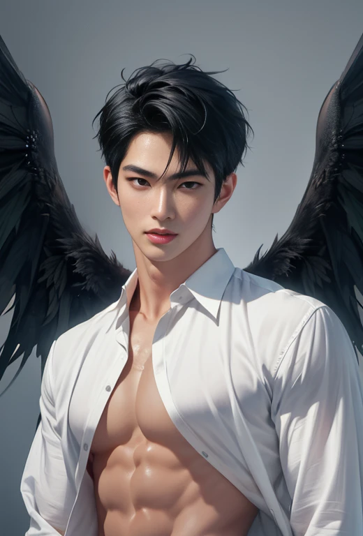 High quality, masterpiece, highly detailed, 8k, perfect face, perfect body, realistic, photo realistic, man, Asian, black hair, short hair, handsome, detailed eyes, beautiful detailed nose, realistic body, realistic light, comfortable expressions, cute guy, sweat guy, cool guy, abs sixpack, model style, full body, clean skin, wings