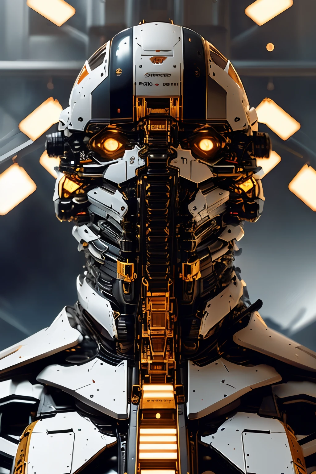 rz88mkultr4, a closeup of a robot ,    dark lighting, very symmetrical shot, laying white panels, from Behind, High quality, highly detailed, centered, solid colors, digital painting, artstation, concept art, smooth, sharp focus, illustration, summer vibrancy, lighting, by John Collier and Albert Aublet and Krenz Cushart and Artem Demura and Alphonse Mucha