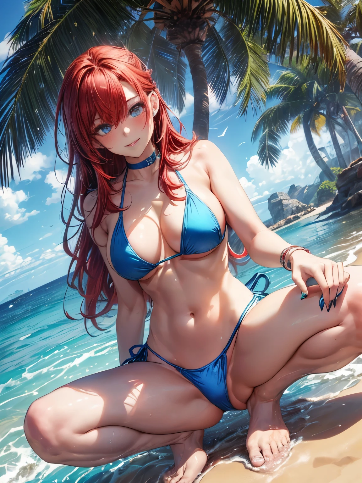 highest quality、complete limbs、full finger、(((woman with red hair:1.3)))、medium hair woman、Beauty busty woman:1.3、(((woman wearing a blue bikini:1.7)))、big smile、bare hands、barefoot、Ocean、beach、sandy beach、sexy pose、squatting down