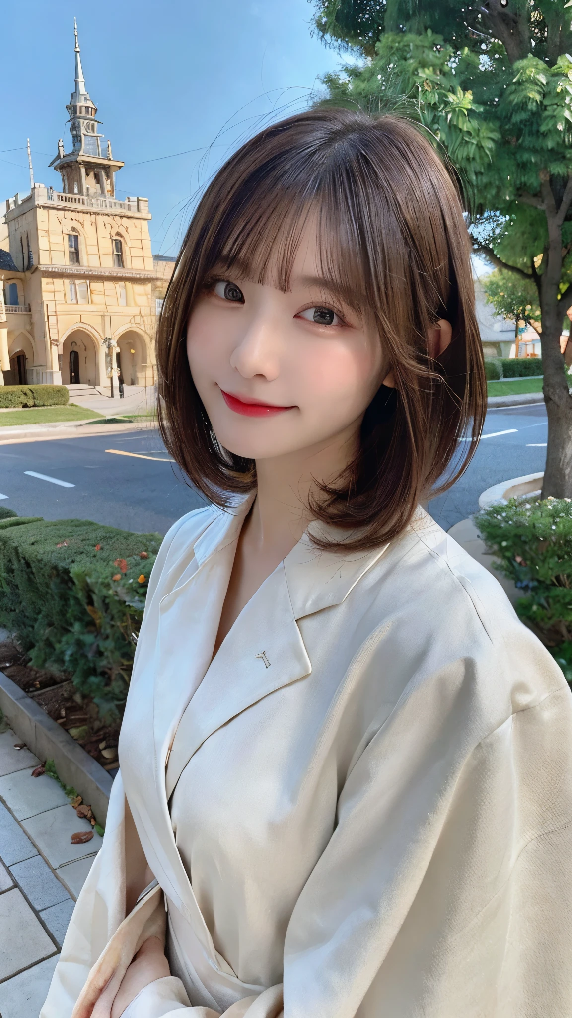 Best Quality, Real Stick, Ultra-detailed, finely detail, hight resolution, in 8K、Wallpaper, Perfect dynamic composition, Beautiful detailed eyes, Beige coat、white shirt, Bob Hair, Medium hair, Bangs, A dark-haired, mid-chest, Natural Color Lip, Body orientation is front,Smile,Tower Mansion