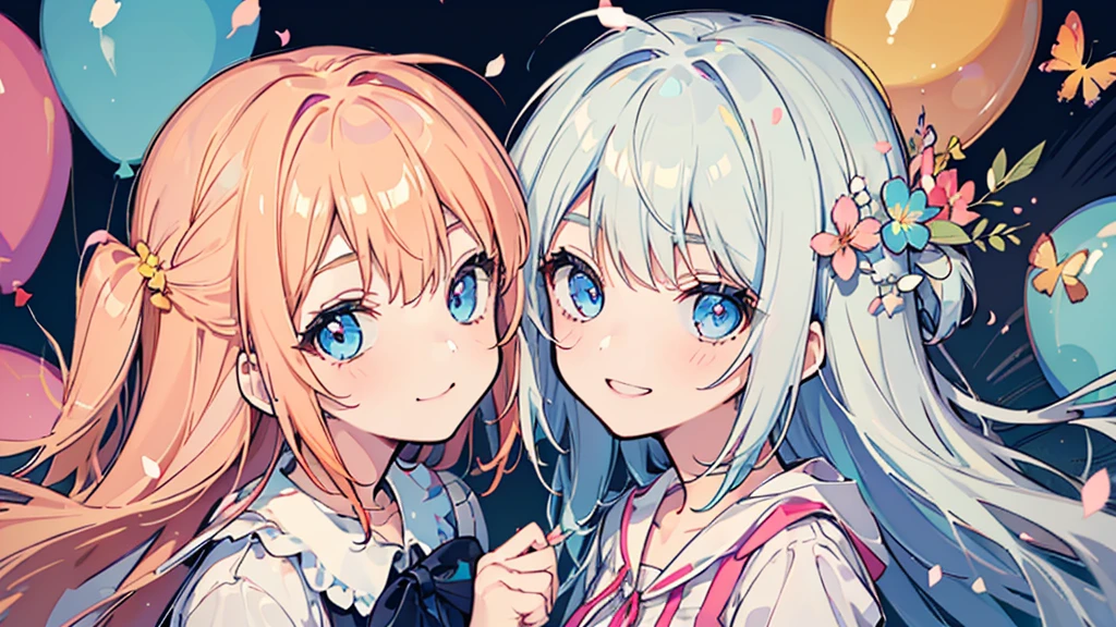 (((portrait))), (2 girls, blonde hair, blue eyes, white sundress, arm behind back, smile, kawaii), (fluttering petals, colorful balloons, celebration, congratulation)