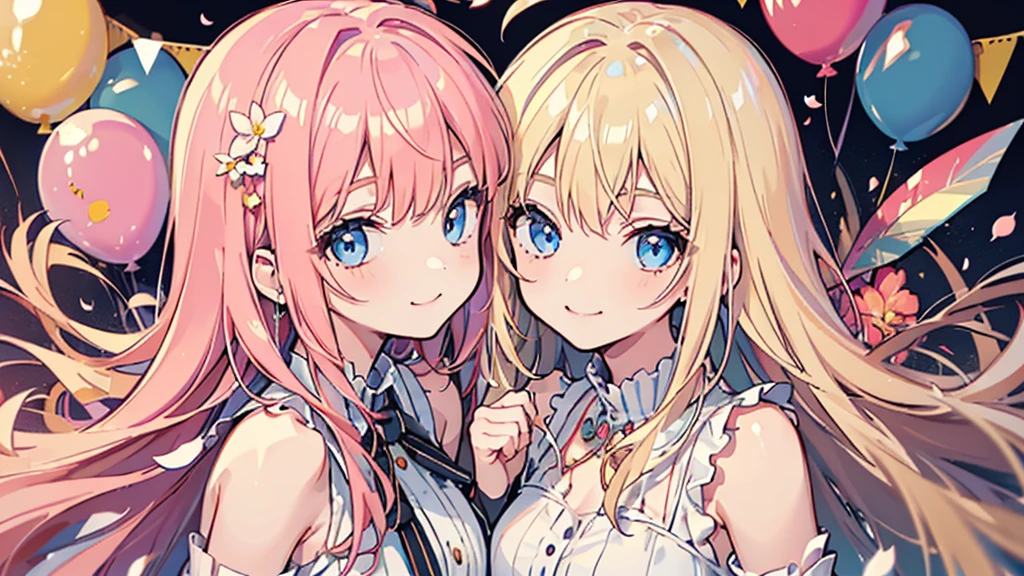 (((portrait))), (2 girls, blonde hair, blue eyes, white sundress, arm behind back, smile, kawaii), (fluttering petals, colorful balloons, celebration, congratulation)