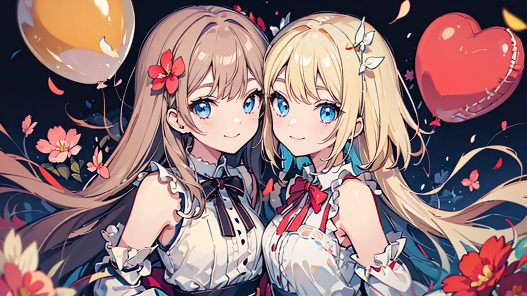 (((portrait))), (2 girls, blonde hair, blue eyes, white sundress, arm behind back, smile, kawaii), (fluttering petals, colorful balloons, celebration, congratulation)