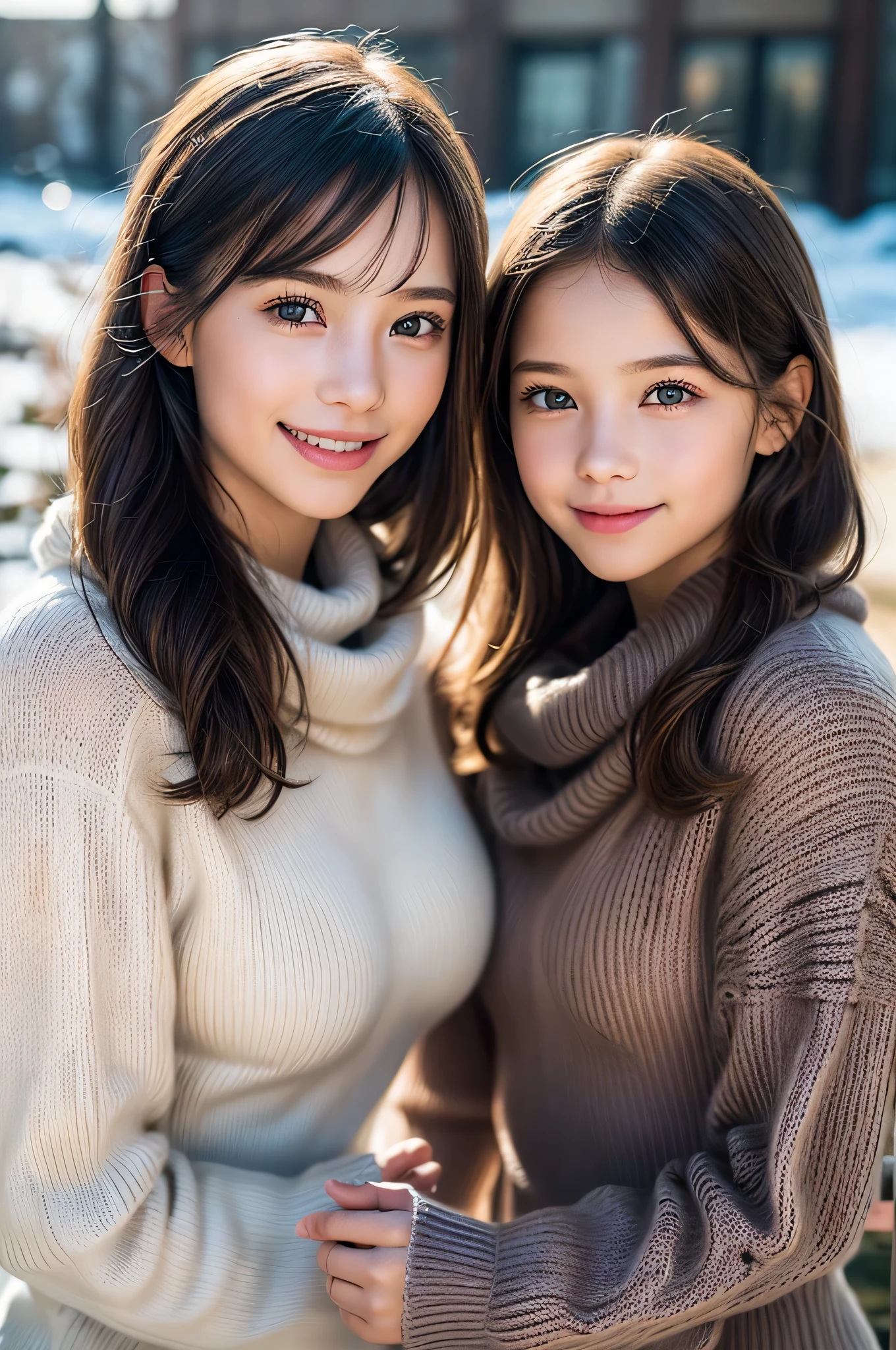 (2young girls), (Ultra realistic), (warm long sleeve sweater, woolen scarf:1.3), upper body, caute smile, (best quality:1.4), Raw photo, (realistic, photo-realistic:1.37), professional photography, cinematic light, outdoors, snowy,