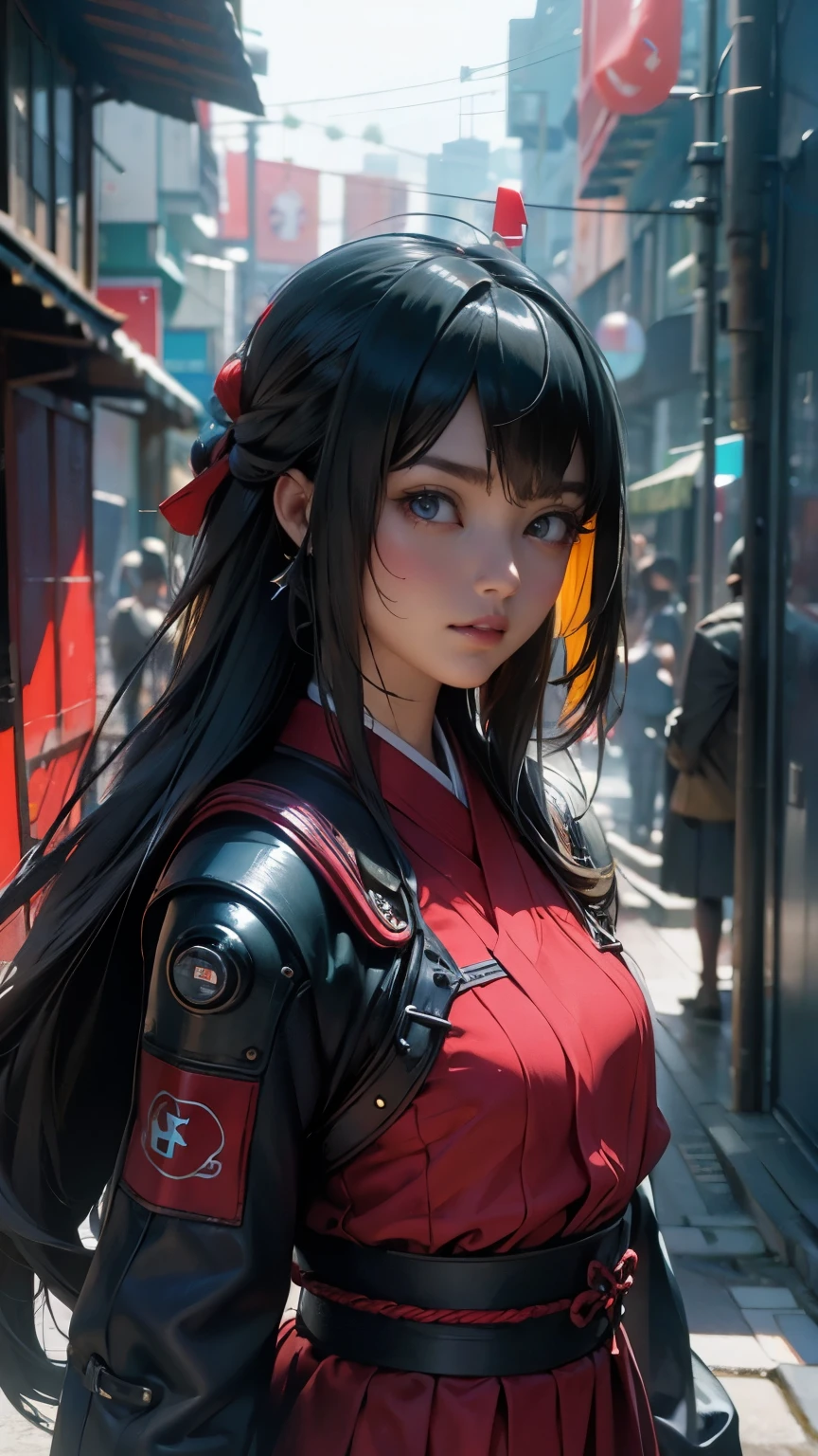 Fondo de pantalla CG Unity 8k altamente detallado, With the highest quality, obra maestra, Realista, fotos realistas, Sharp focus:1.2、Estilo perfecto、 Beautiful Japanese girl、 (estatura150Cm)、 (falda azul oscuro、Red ribbon、Media blanca、uniforme de secundaria:1.2)、(cara delgada:1.2)、 (esbelto:1.5)、 (enorme teta:1.4),(largo:1.5), cuerpo completoesbiano, fachada, de pie,solo、,(fondo ciudad Tokio cyberpunkAI colors:1.5)