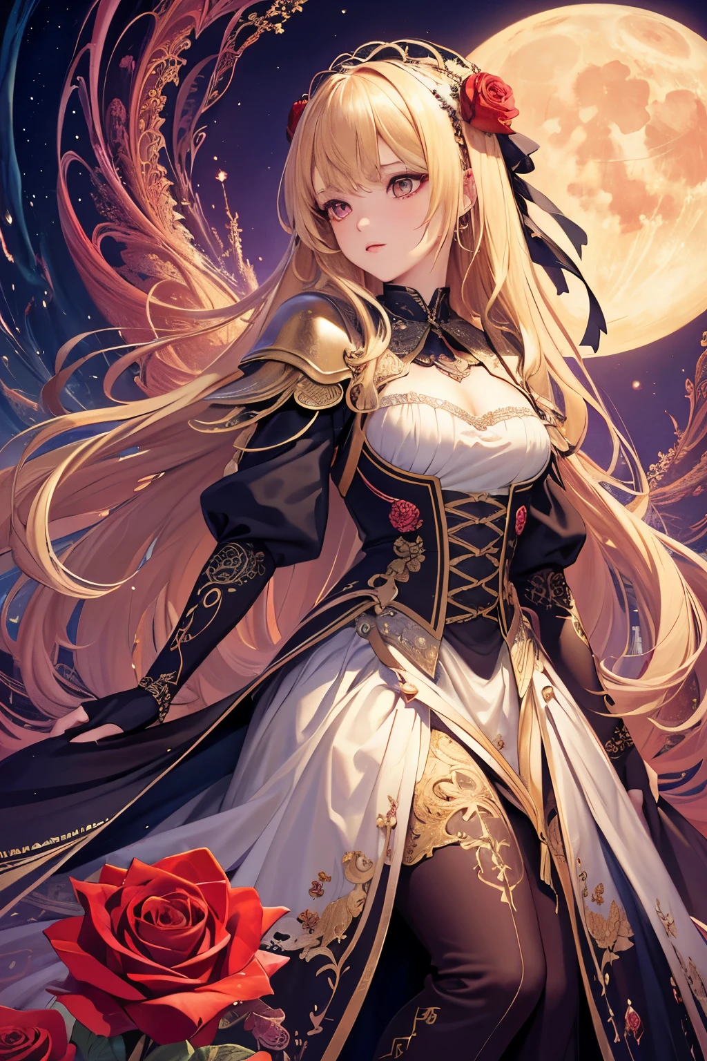 (masterpiece, highest quality, highest quality, official art, beautiful and aesthetic:1.2), (1 girl), very detailed,(fractal art:1.3),colorful,most detailed,blonde long hair,red eyes,Moonlight night,rose