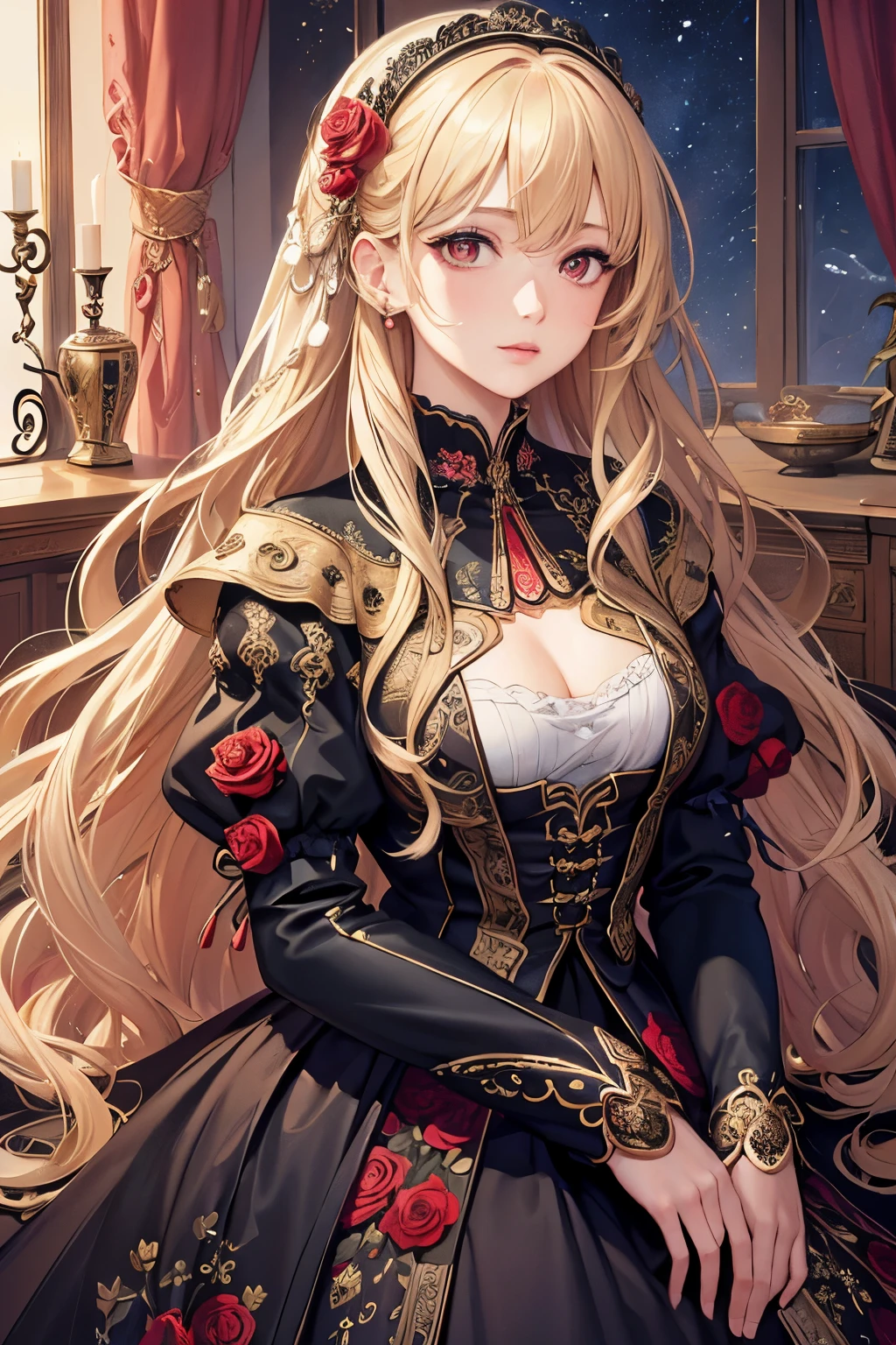 (masterpiece, highest quality, highest quality, official art, beautiful and aesthetic:1.2), (1 girl), very detailed,(fractal art:1.3),colorful,most detailed,blonde long hair,red eyes,Moonlight night,rose