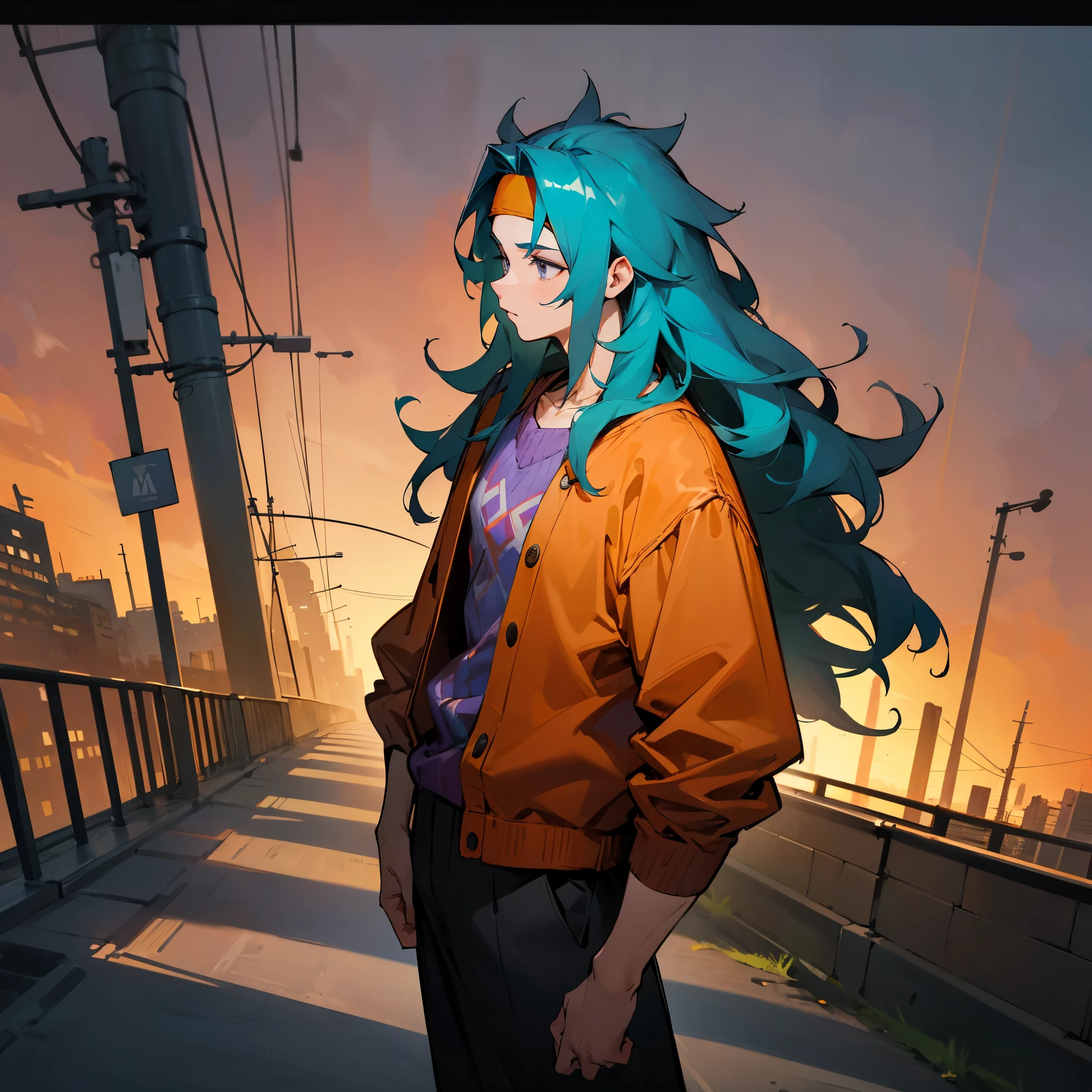 Teal Hair , Wavy Hair , Long Hair , Messy Hair , Spiky Hair , Orange Sweater , Purple Headband , Grey Eyes , Standing on Path , Halloween Modern City Background , Teen Male , Muscular