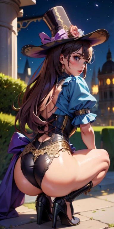 NSFW,Best possible quality, high resolution 8k,under the moonlight，night city，night street,most Beautiful woman with a dress and hat ,cat pose，squatting on all four，all four on ground, tanned skin, fine hat, elegant,fantasy Victorian art, Victorian inspired , steampunk fantasy style, steampunk fantasy,  Victorian lady, Victorian city, Victorian style costume, intricate Victorian dress, Victorian inspired clothing,  League holder, fine art fashion photography, steampunk fiction, steampunk aesthetic, fantasy genre portrait, fine art fashion magazine style,BREAK,only light blue underwear ,light blue underwear, BREAK, FROM BEHIND, FROM BELLOW