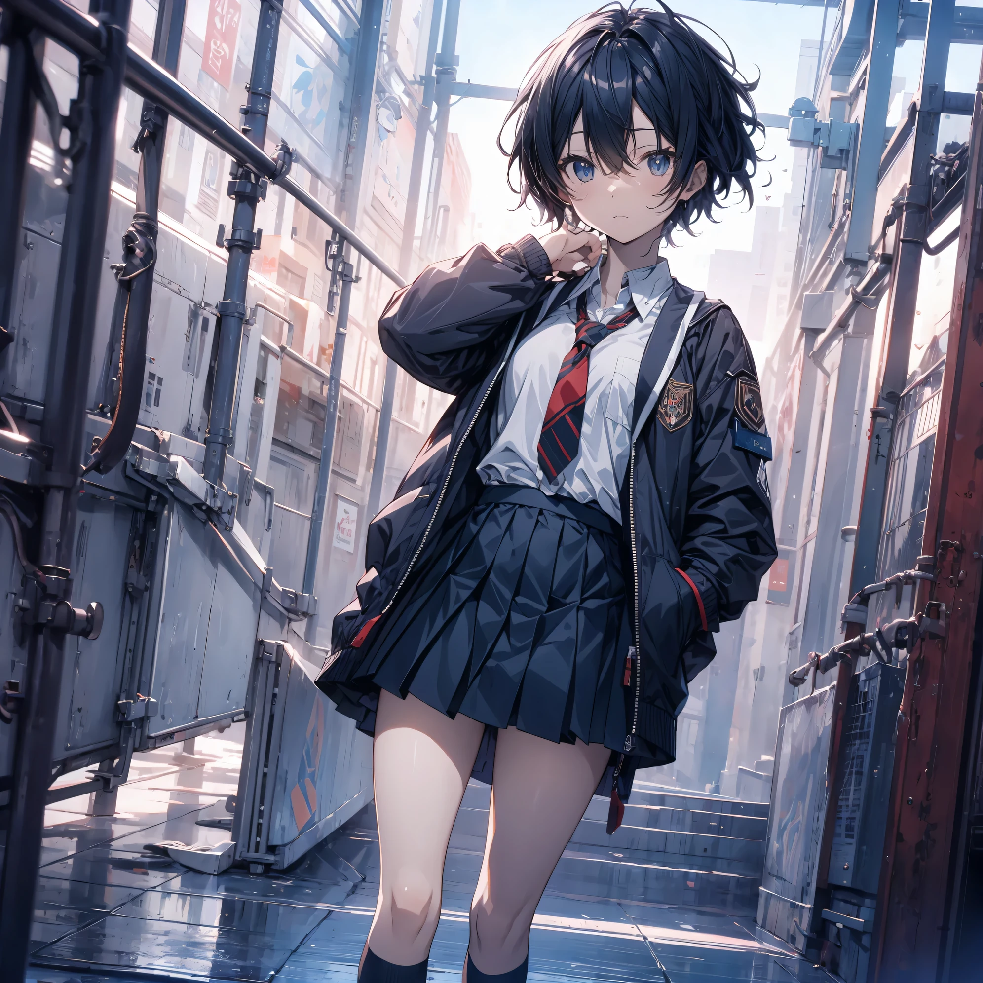 ultra-Top-quality, ultra-detailed, high resolution, anime moe artstyle, best anime 8k konachan wallpaper, pixiv contest winner, perfect anatomy, break,(Please draw a girl walking sleepily to school alone. ),break, a hyperrealistic schoolgirl, (Solo,Loli, child,13-year-old:1.3),Full limbs, complete fingers,a junior high school student, androgynous charm, (very short hair), messy hair, flat chest, Small butt, groin, Small black eyes,beautiful detailed eyes, well-proportioned iris and pupils, disgusted eyes, highres detailed hair, school Uniform, (skirt), in the School commute route. break,super detailed skin, Best lighting powered by famous artist, 8k, illustration,