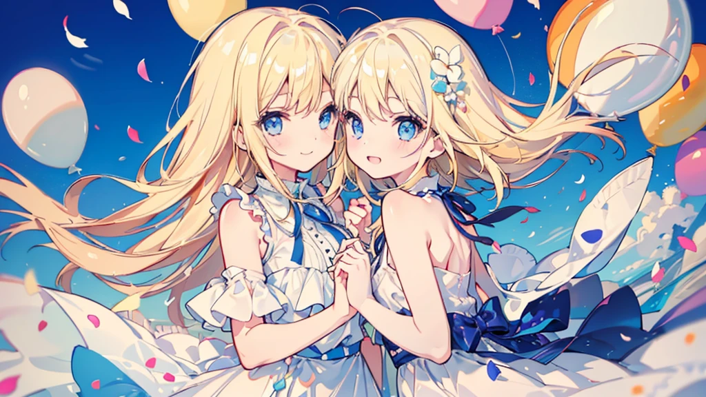 (face, 2 girls, blonde hair, blue eyes, white sundress, arm behind back, kawaii), (fluttering petals, colorful balloons, celebration, congratulation)