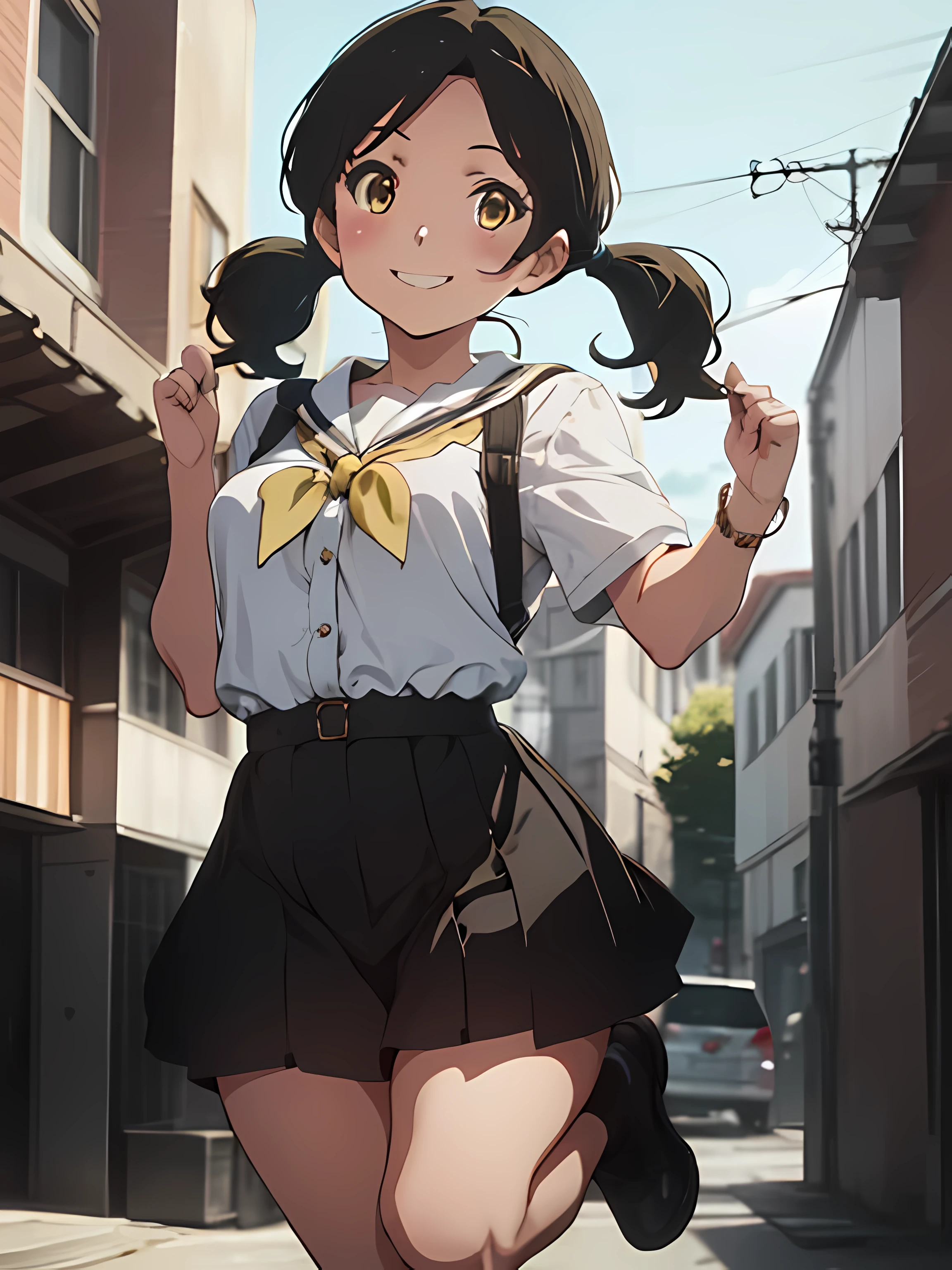 ultra quality, ultla highres, hyper detailed, high contrast, super fine illustration, creative refinement, High school girl jumps with a smile, ogasawara_haruka_soundeuphonium, low twintails, brown_eyes, yellow_eyes, black_hair,