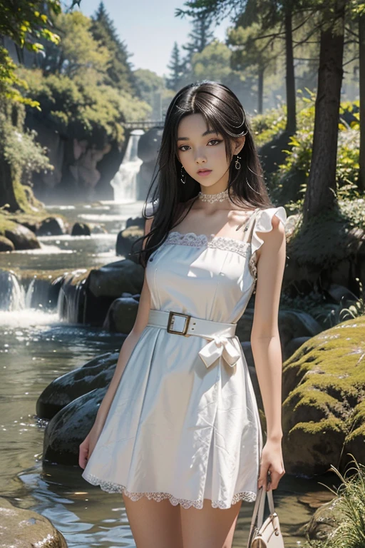masterpiece++, best quality++, ultra-detailed+, extremely detailed++, 4K, 8K+, best quality, beautiful+, anime style,1person,full body image,summer,park,white lacefrill mini slipdress,narrow leather belt bound waist,beautiful straight black hair,beautiful black eyes, beautiful eyes++,long straight hair