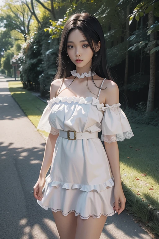 masterpiece++, best quality++, ultra-detailed+, extremely detailed++, 4K, 8K+, best quality, beautiful+, anime style,1person,full body image,summer,park,white lacefrill mini slipdress,narrow leather belt bound waist,beautiful straight black hair,beautiful black eyes, beautiful eyes++,long straight hair