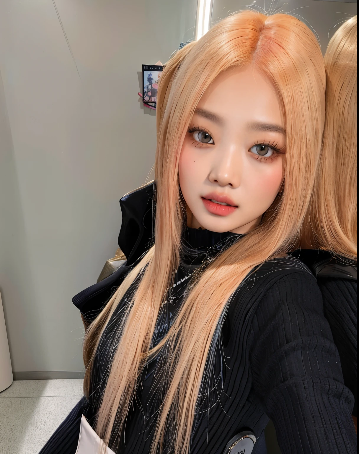 there is a woman with long hair taking a selfie in a mirror, jossi of blackpink, ulzzang, roseanne park of blackpink, blackpink jennie, the hime cut, portrait of jossi of blackpink, ava max, with long hair, lalisa manobal, belle delphine, her hair is white, heonhwa choe