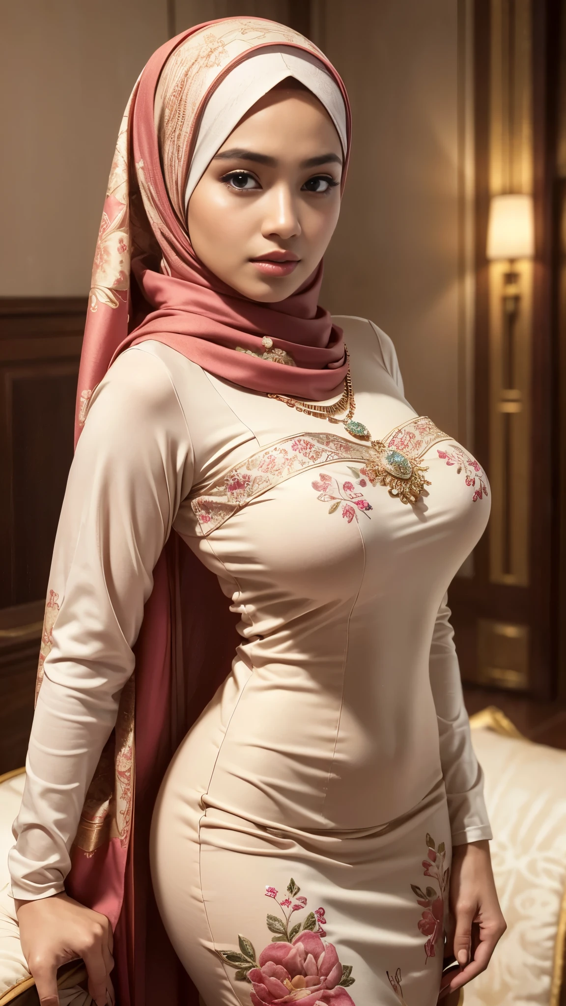 (Best quality, high resolution, masterpiece: 1.3), beautiful Malay woman in hijab, big breasts, intricate details, ((almost)), sharp focus, professional, realistic, real life, hyperreal, photorealistic, fine details, best quality, wallpapers Highly detailed 8k unity CG, perfect artwork, Full body, shining eyes, realistic, perfect female hourglass figure, thin waist, wide buttocks, looking at the viewer, very delicate and beautiful, top quality, beautiful detailed girl, beautiful eye details, facial lighting, film lighting, perspective, realistic facial expressions, (beautiful and shapely face, delicate and beautiful eyes, perfectly proportional face, very detailed skin,((tight-fitting Malay gamis with pastel red floral motifs with a plain hijab), diamond necklace, luxury hotel