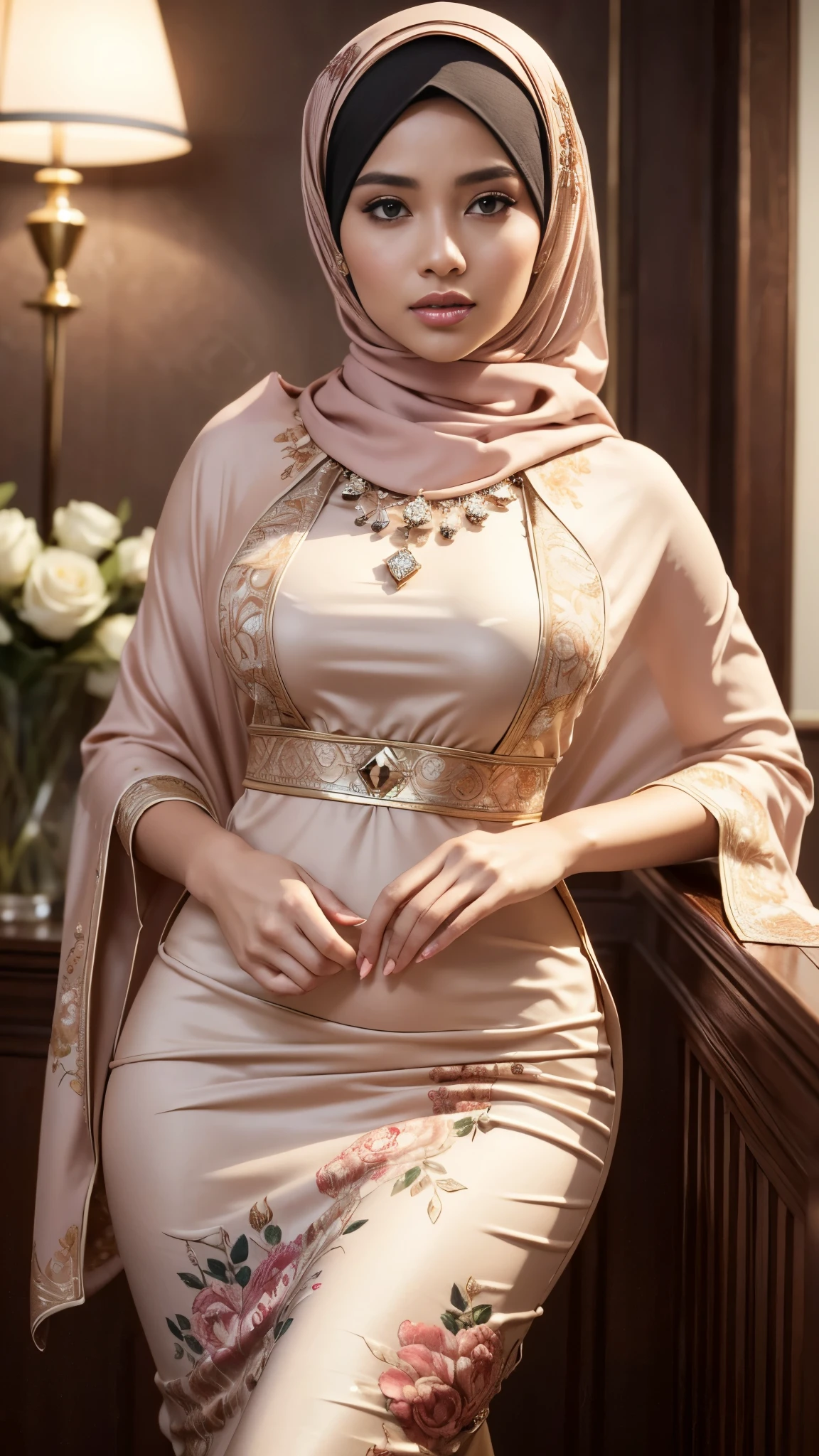 (Best quality, high resolution, masterpiece: 1.3), beautiful Malay woman in hijab, big breasts, intricate details, ((almost)), sharp focus, professional, realistic, real life, hyperreal, photorealistic, fine details, best quality, wallpapers Highly detailed 8k unity CG, perfect artwork, Full body, shining eyes, realistic, perfect female hourglass figure, thin waist, wide buttocks, looking at the viewer, very delicate and beautiful, top quality, beautiful detailed girl, beautiful eye details, facial lighting, film lighting, perspective, realistic facial expressions, (beautiful and shapely face, delicate and beautiful eyes, perfectly proportional face, very detailed skin,((tight-fitting Malay gamis with pastel red floral motifs with a plain hijab), diamond necklace, luxury hotel