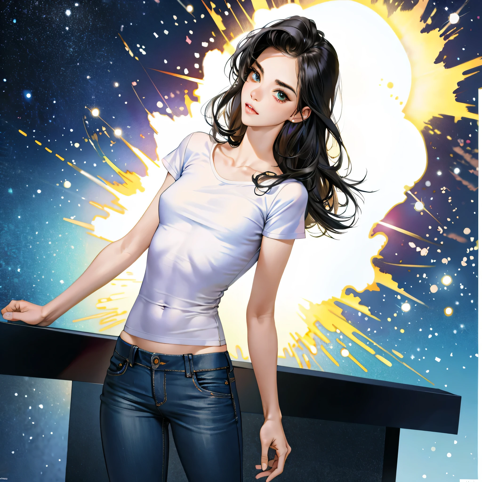 (beautiful and clear background:1.2),, fantastic paintings ,graffit style ultra detailed hair, masterpiece, best quality, high quality, highres, detail enhancement, ((most beautiful image in the world)), masterpiece, best quality, high quality, highres, detail enhancement, ((most beautiful image )),with short, shiny black hair, t-shirt, wearing jeans,, art by stjepan sejic, art by j scott campbell, art by guillem march, art by citemer liu, 4k, high resolution, comic book character, comic, high quality detailed, style ::2.0 comix illustration style,tatoon style, high quality, highres, detail enhancement, 8k, hd, best quality, high quality, highres, detail enhancement, 8k, hdr, sharp focus, ultra detailed, perfect lighting