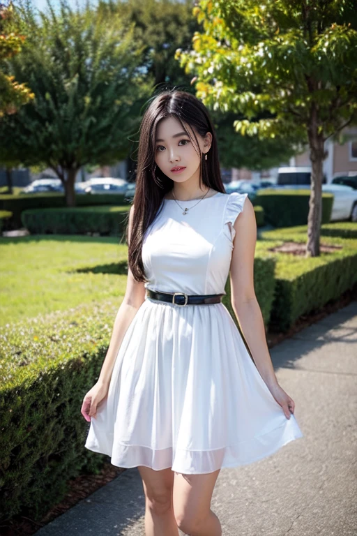 masterpiece++, best quality++, ultra-detailed+, extremely detailed++, 4K, 8K+, best quality, beautiful+, anime style,1person,full body image,summer,park,white lacefrill mini slipdress,narrow leather belt bound waist,beautiful straight black hair,beautiful black eyes, beautiful eyes++,long straight hair