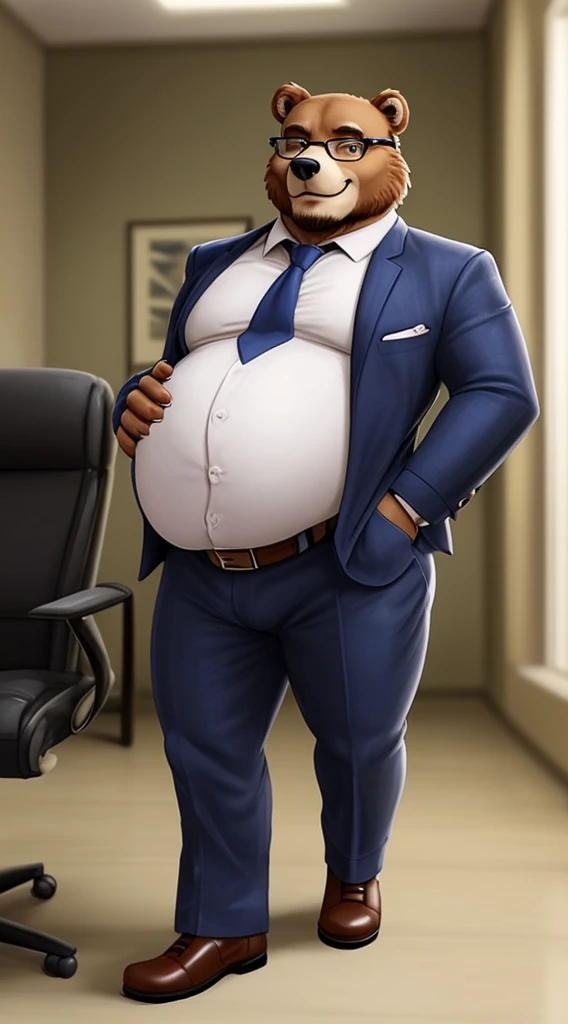 Anthro furry bear fat principle holding his large belly as he laughs, principle's office, meaty hands, tightly fitted suit, tight buttoned shirt, standing in front of his desk, detailed light brown eyes, dark brown fur, thick arms, thick legs, chubby face, thick neck,