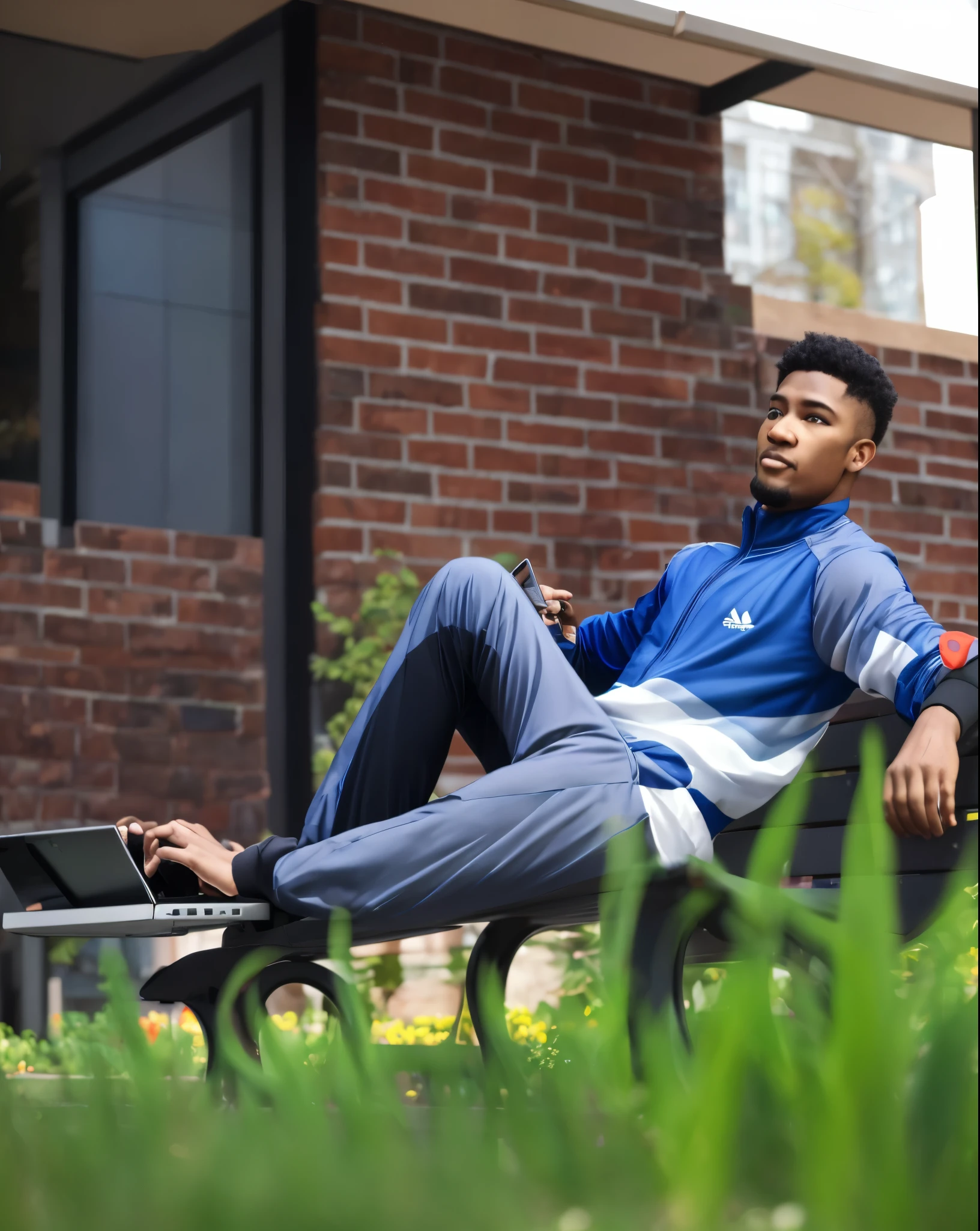 there is a man sitting on a bench with a laptop, taken with sony alpha 9, wining, candid picture, taken with canon 8 0 d, in garden, shot on sony a 7, shot on nikon d 3 2 0 0, chappie in an adidas track suit, captured on canon eos r 6, by Abidin , random artist