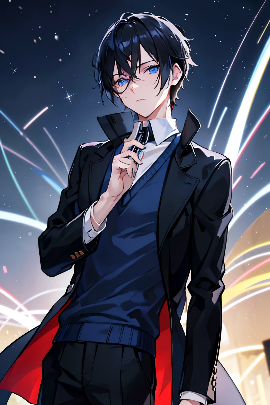 male black hair blue eyes sweater Check slacks vest coat firework In town parade matrix festival countless floating balloons Countless lights night view masterpiece Highest image quality noise removal clear parts cinematic shadow Increased attractiveness of the eyes clear parts the shine of the eyes Draw eyelashes neatly perfect eyes detailed eyes Sharpen image quality Sharpen eye writing clear parts eye shape