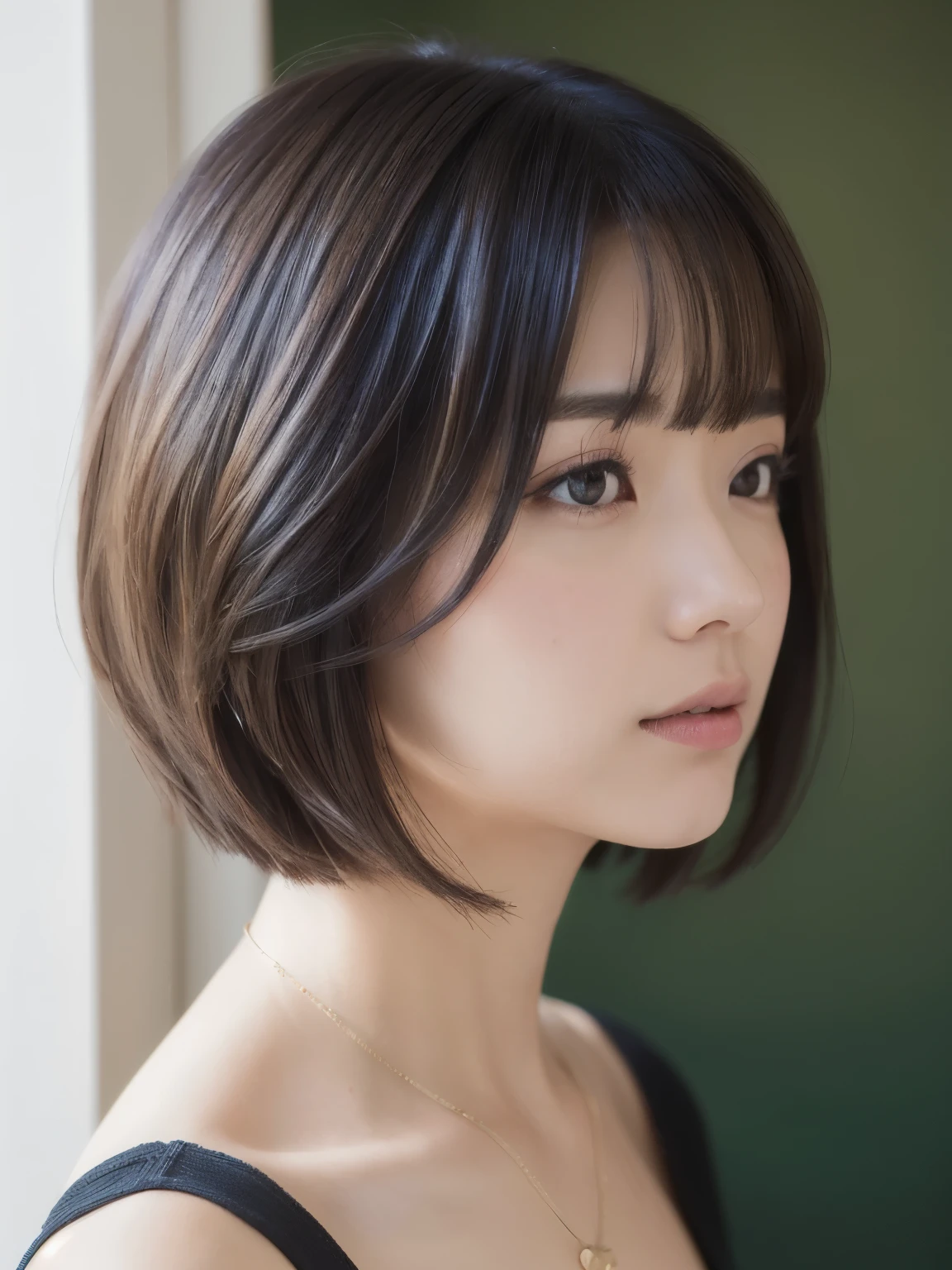 (layered haircut:1.2))、short wavy hair、8K、（Live shooting）、（highest quality）、（フォトrealistic：1.4）Reality to the touch Reality、(4Khigh resolution:1.2)、(high resolution, muste piece, highest qualityの, high detail, official: 1.4), (Reality: 1.2, ハイパーrealistic: 1.1, フォトrealisticです: 1.37), Depth of bounds written, (detailed description of hair), (Detailed description of the face), unparalleled beauty,, (35 years old,: 1.4)、I&#39;m a little depressed、white wall、(Taken in front of the white door)、((窓のあるwhite wallの部屋))、indoor、Natural light、short hair、bob hairhair、realistic、high resolution、High quality、profile、various poses、profile、bob hair、random pose、autumn clothes、winter clothes、 wearing necklace