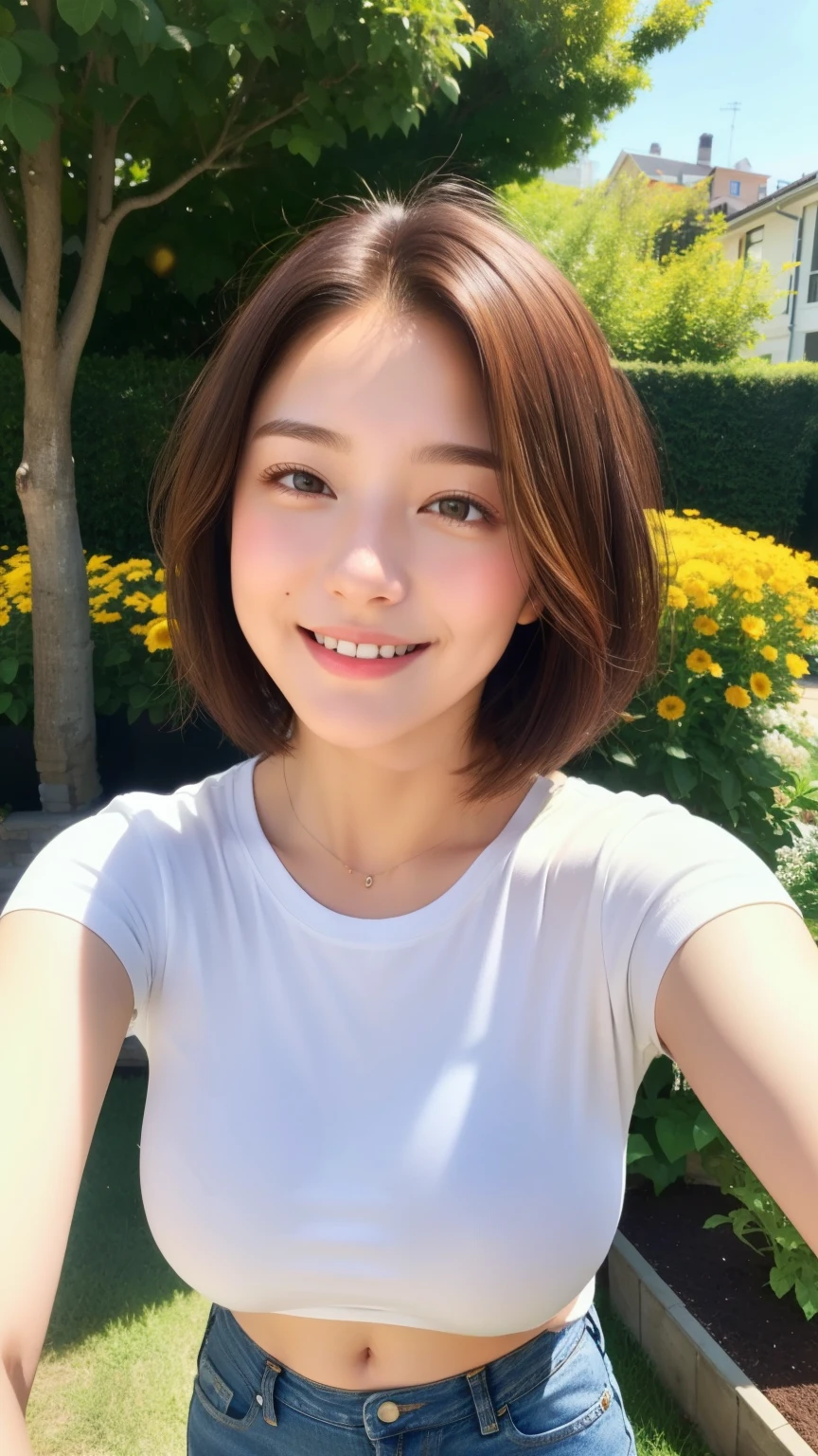 mu realistic, 1 girl, 20age、shining eyes, smile、Taking a selfie、short bob hair、brown hair、garden、American casual、big breasts、White tee shirt、jeans