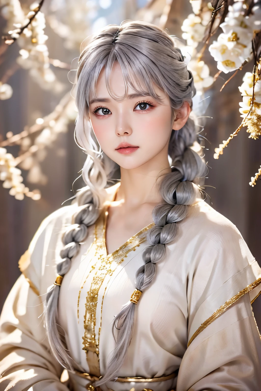 highest quality, masterpiece,gray hair, gold eyes,white clothes, look up, Upper body,hair,Fair skin,Braid