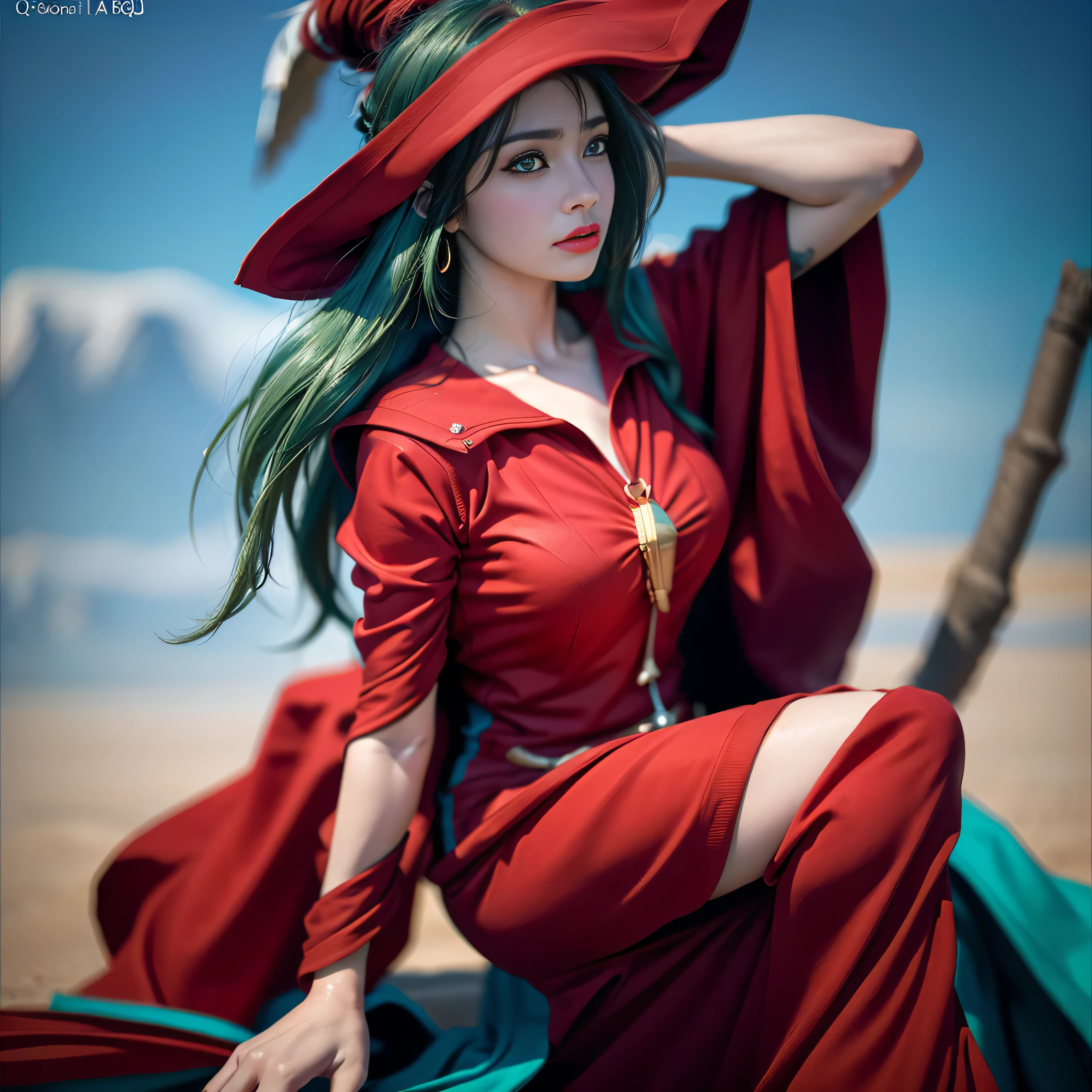 ((FOTOGRAFIA REALISTA)) (8k, Foto RAW, melhor qualidade, senhor:1.2), (Realistic, photo-Realistic:2), SEIOS FARTOS, SEIOS GRANDE, PEITO GRANDE, SEIOS QUENTES, ((ULTRA HIGH DEFINITION)), ((QUALIDADE 4K)), ((MUITO DETALHADO)), ((TEXTURA SONY a7s)), Feiticeira de cabelo verde montada na vassoura, ((vestimenta de seda)), ((Indigenous style)), ((ROSTO ANGELICAL PERFEITO)), ((TATUAGENS NAS BOCHECHAS)), ((deserto)), ((energy flares)), ((pano de fundo montanha)), ((pano de fundo tempestado, raios)), ((VESTIMENTA VERMELHA)), NO EXTRA ARMS, JUST TWO ARMS