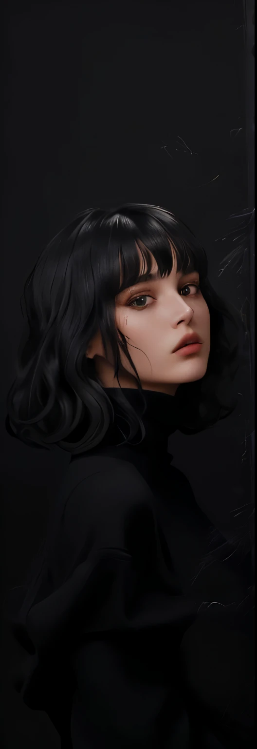 20-year-old girl, wavy bob hair with bangs, she is wearing a black turtleneck with long sleeves, photoshoot, fashion editorial, close-up of her bust and face.
