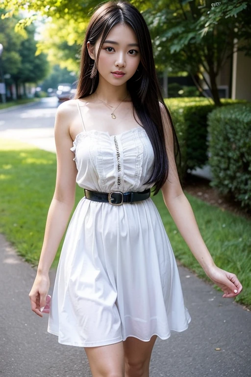 masterpiece++, best quality++, ultra-detailed+, extremely detailed++, 4K, 8K+, best quality, beautiful+, anime style,1person,full body image,summer,park,white lacefrill mini slipdress,narrow leather belt bound waist,very slim waist,beautiful straight black hair,beautiful black eyes, beautiful eyes++,long straight hair
