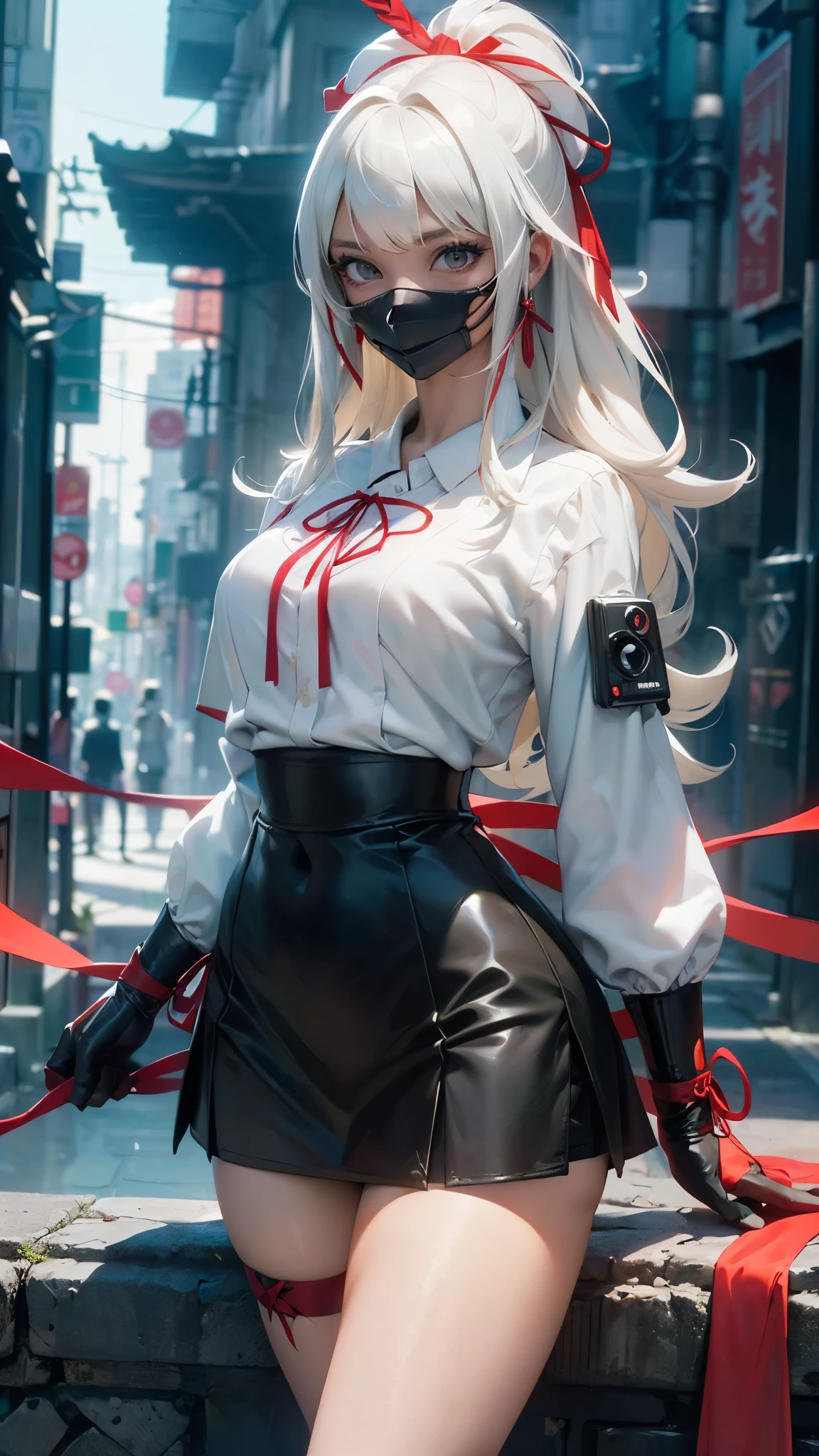 Fondo de pantalla CG Unity 8k altamente detallado, With the highest quality, obra maestra, Realista, fotos realistas, Sharp focus：1.2、Estilo perfecto、 Beautiful  Japanese girl、 (estatura１５０Cm)、 (falda blanca 、Red ribbon、Media blanca:1.5)、miniskirt secundaria white:1.5), (uniforme de secundaria:1.5)、(cara delgada:1.2)、 (esbelto:1.５)、 (enorme teta:1.４),(largo:1.5), cuerpo completoesbiano, fachada, de pie,solo、,(fondo ciudad Tokio cyberpunkAI colors:1.5) 