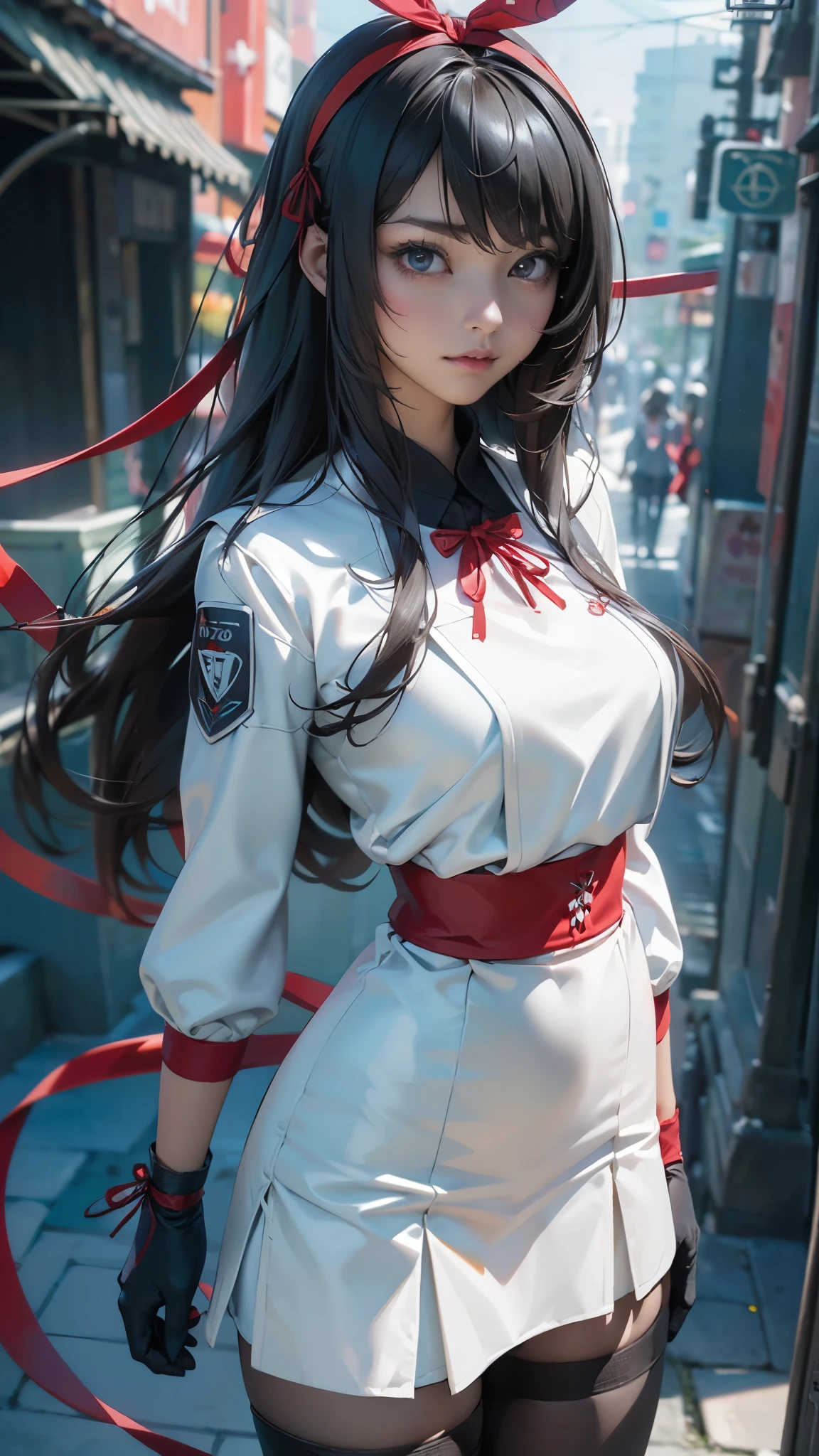 Fondo de pantalla CG Unity 8k altamente detallado, With the highest quality, obra maestra, Realista, fotos realistas, Sharp focus:1.2、Estilo perfecto、 Beautiful 17 year old Japanese girl、 (estatura150Cm)、 (falda blanca 、Red ribbon、Media blanca:1.5)、miniskirt secundaria white:1.5), (uniforme de secundaria:1.5)、(cara delgada:1.2)、 (esbelto:1.5)、 (enorme teta:1.4),(largo:1.5), cuerpo completoesbiano, fachada, de pie,solo、,(fondo ciudad Tokio cyberpunkAI colors:1.5)