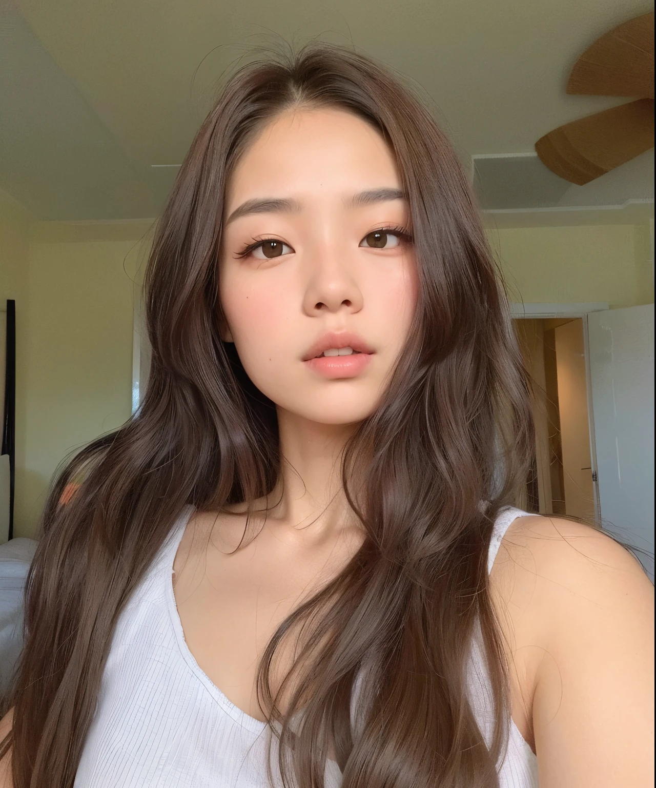 Hay una mujer con el pelo largo y una camiseta blanca sin mangas, jennie rosa negro, heonhwa choe, hermosa joven coreana, hermosa mujer surcoreana, hermosa joven coreana, a young asian woman, joven y adorable rostro coreano, gongbi, young cute wan asian guy, asian guy, muchacha coreana, gemma chen, jaeyeon nam, cabello ondulado sin maquillaje