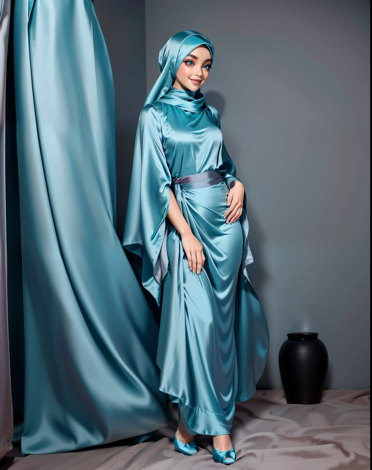(Best quality, high resolution, masterpiece: 1.3), beautiful Javanese solo Lady in hijab, slim figure, tears drop type of huge breast, detailed facial and skin texture, detailed eyes, double eyelids, green eyes, long legs, HDR, 8k resolution, nice fingers, brown skin, ((( high detailed skin, visible pores))), tall, sitting on the table, 18 years old, very huge tits wearing hijab and long dress Muslim clear blue robes and transparent robe, detailed tall body posture, detailed all Full Body closed up picture, Beautiful smile, perfect detailed wearing slippers, standing at side table on the kitchen.