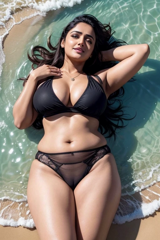 Anushka Shetty, curvy, British, 20s, transparent shirt and black panties, cleavage 5%, wide hip, at beach, happy, laying at beach on her back, top view, happy, smile