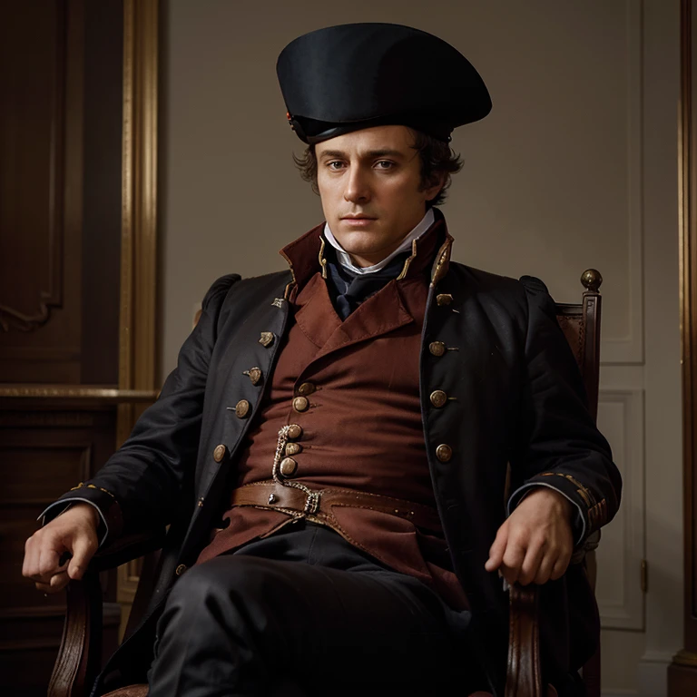 "Craft a textual scene of Napoleon Bonaparte seated in a chair, with his iconic hat resting on his leg. Capture his frontal view, ensuring that only he is visible in the image. Pay attention to details of his posture, facial expression, and the ambiance surrounding him, skillfully portraying the commanding presence and distinctive personality of the French leader. Enhance the narrative to create a vivid and evocative image, focusing solely on Napoleon in the frame."