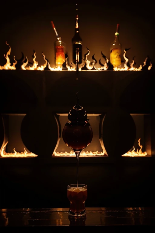 Decoration or logo symbolizing the devil and hell, The atmosphere of the store stands out by using the flames of hell or the devil&#39;s wings as visual materials., , A cocktail bar image that visually expresses the contrast between darkness and light, emphasizing darkness and joy, and allowing you to experience the contrast between darkness and light. An image that does not feature people.
