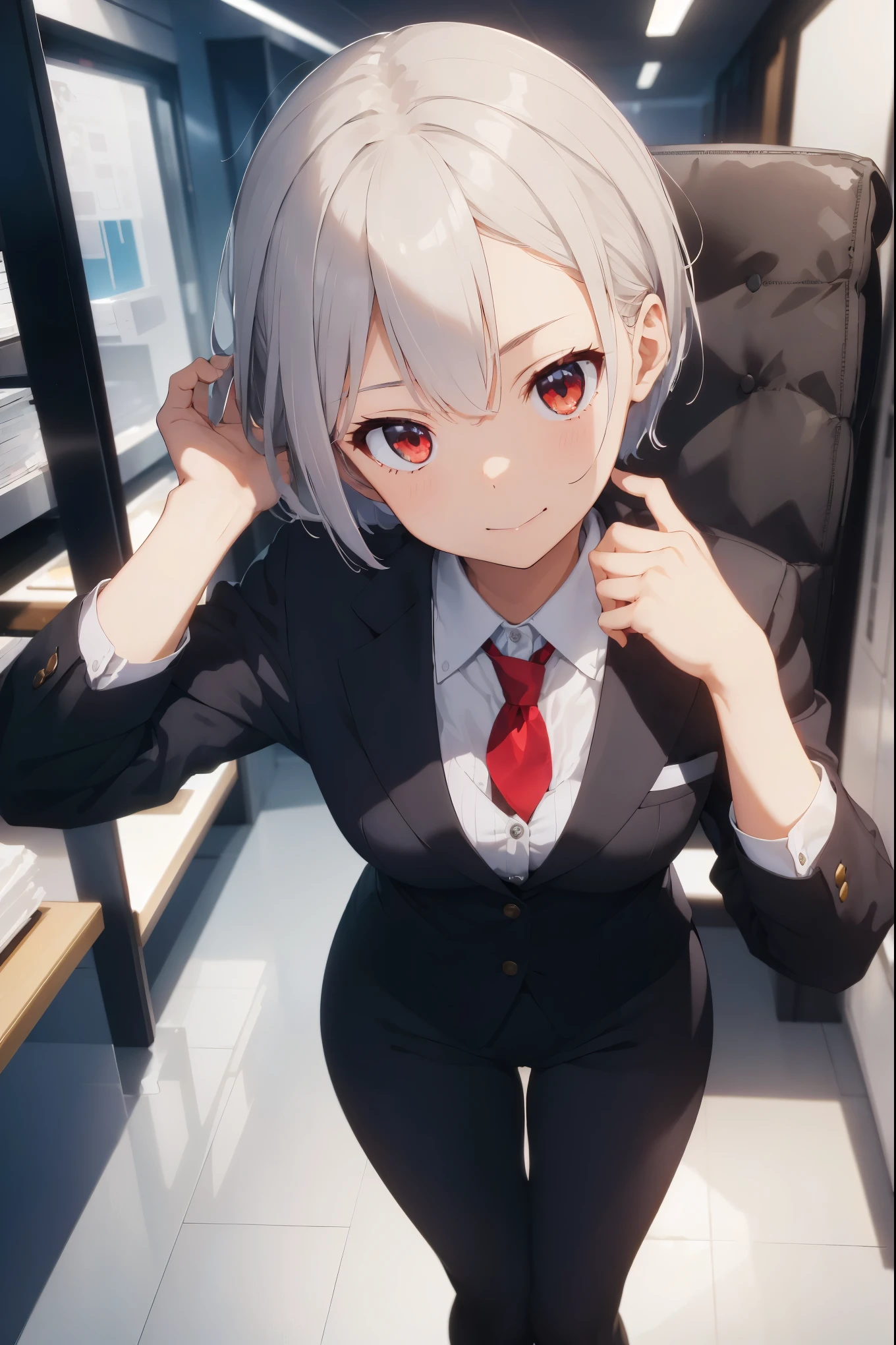 "Beautiful girl with short white hair and red eyes in an executive suit, corpo uniform. The suit is red and black, and she is biting her lip seductively whilst looking up at the camera. The setting is in an executive office, with a futuristic corpo aesthetic, inspired by Arasaka. The image should have ray tracing effects and be of the best quality, with ultra-high definition details. It should be a masterpiece."