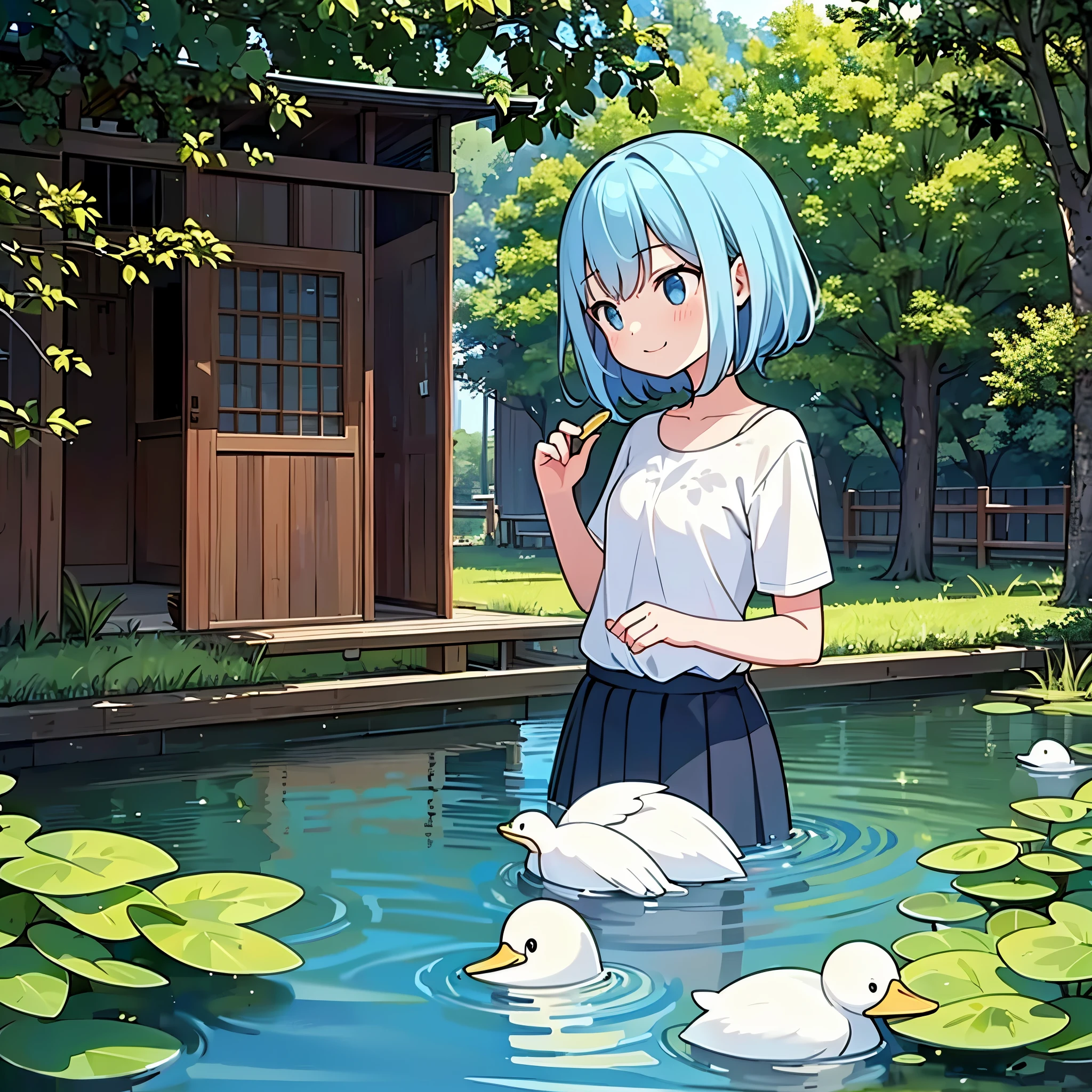 Morning park、A girl watching over a family of spot-billed ducks swimming in a pond、smile、sunlight filtering through the foliage、synchrotron radiation、Taken from the side