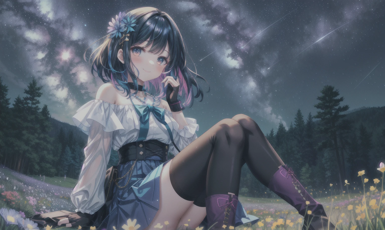 (girl), solo, (perfect face), (detailed outfit), excited, (smiling), (looking up), (sitting on grass hill) black hair, sidelocks, hair between the eyes, bangs, medium hair, (neck-length hair), black eyes, light skin, medium breasts, (light purple shirt, long sleeves, red and teal beaded necklace), (light blue skirt, black thighhighs, black boots), (flower ornament), (wristband), (fingerless gloves), from below, outdoor, (grassy hill), (shooting star), (Milky Way), (flowers), (wildflowers), blue night, ( blue starry sky), (bright), (effects), (masterpiece), (best quality), (sharp focus), (depth of field), (high res), (colorful:1.2), vivid, (beautiful lighting), (slight blue tint)